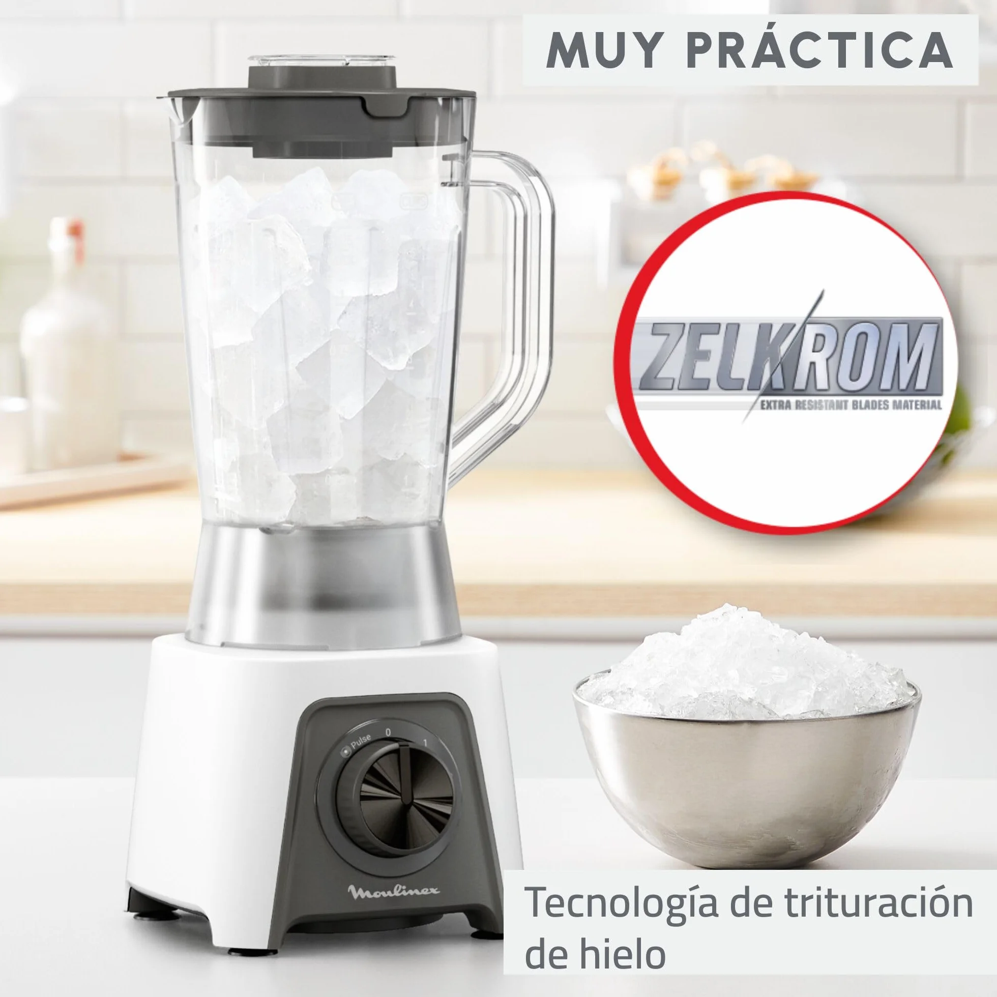 Moulinex Blendeo+, Batidora de vaso de 450 W, Jarra de 1,5 L, 2 velocidades + función Pulse, Pica hielo, Duraforce Label, Sistema de bloqueo inteligente, Cuchillas extraíbles, Blanca, LM2C0110
