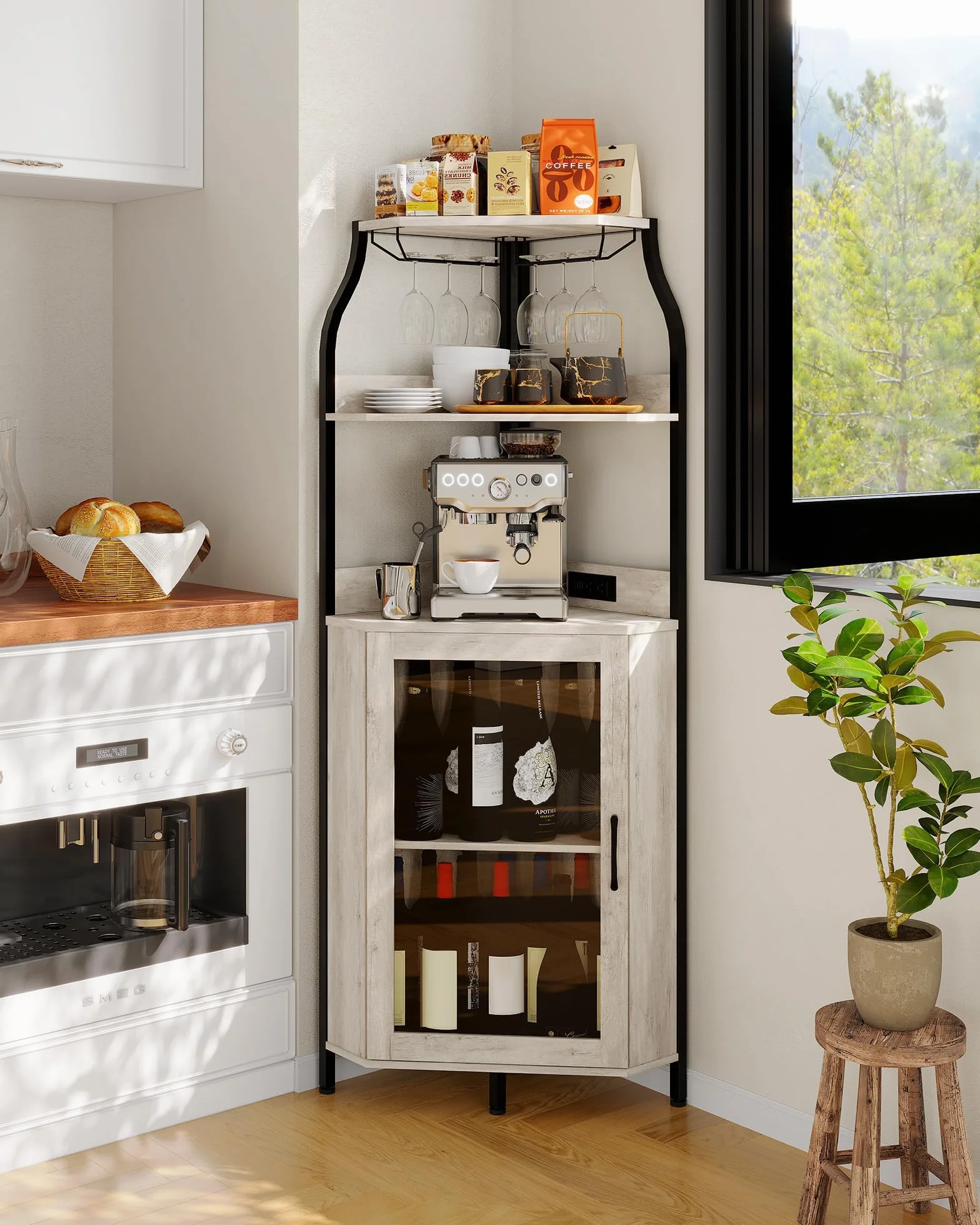 Zstar Mueble Bar, Vitrina para Vinos De MDF Curvado con Luces LED, Vitrina Independiente De 4 Niveles con Puerta De Cristal para Bar En Casa，Gris.