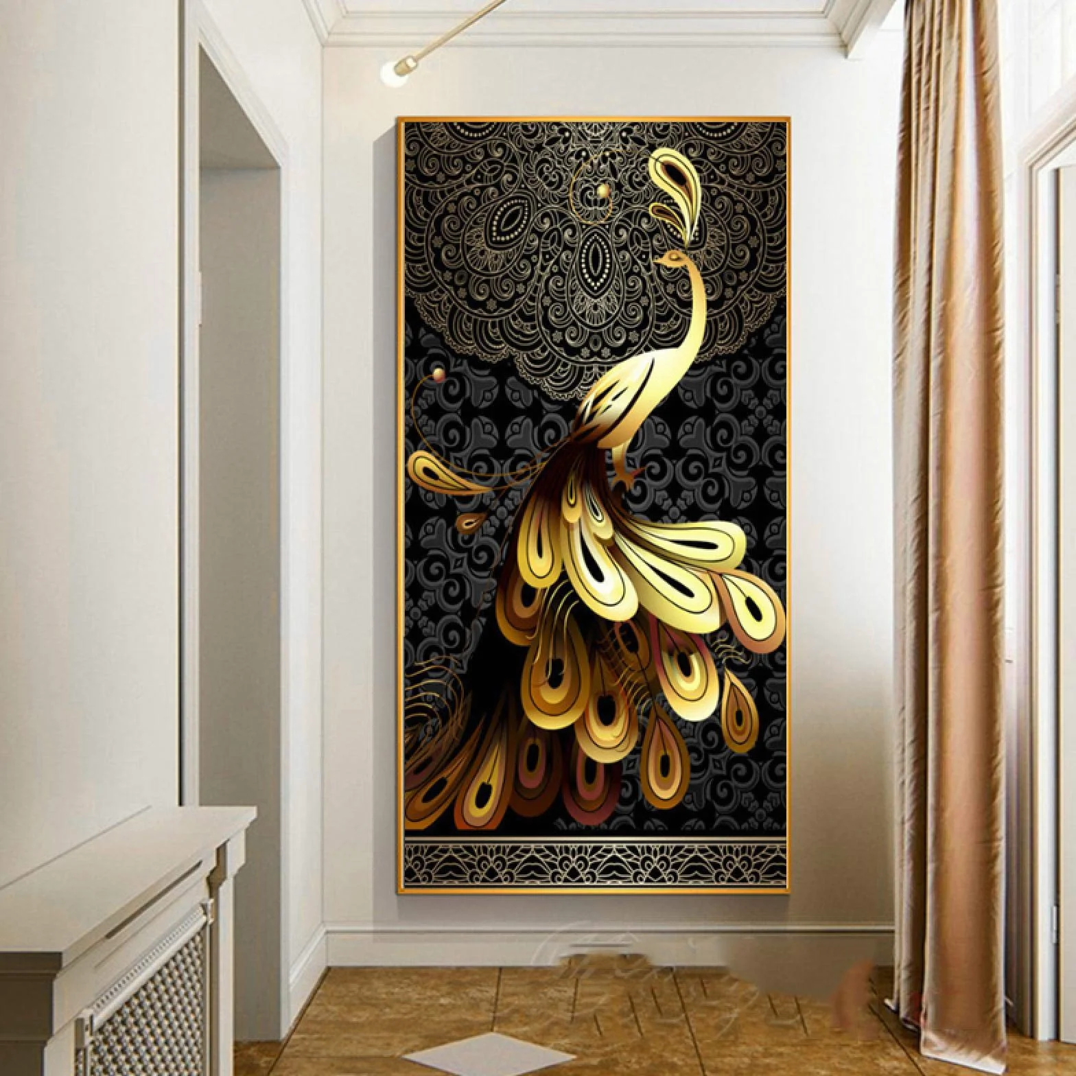 KEBIA Póster mural para la decoración de la habitación Póster sobre lienzo pintura oro negro pavo real imagen de arte de la pared impresiones HD escandinavo 70x140 cm sin marco