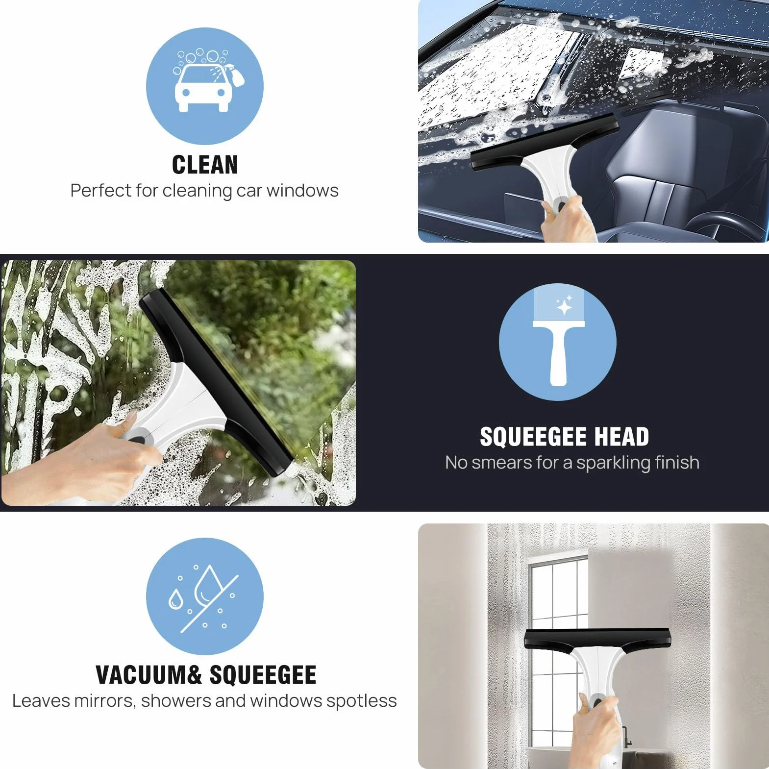 SIXRUN Aspiradora de Ventanas Inalámbrica, Lavadora de Ventanas de Mano de Plástico con Fuerte Succión, Tanque de Agua de 150 Ml, Carga Rápida Tipo C, para Espejos de Vidrio, Puertas de Ducha,