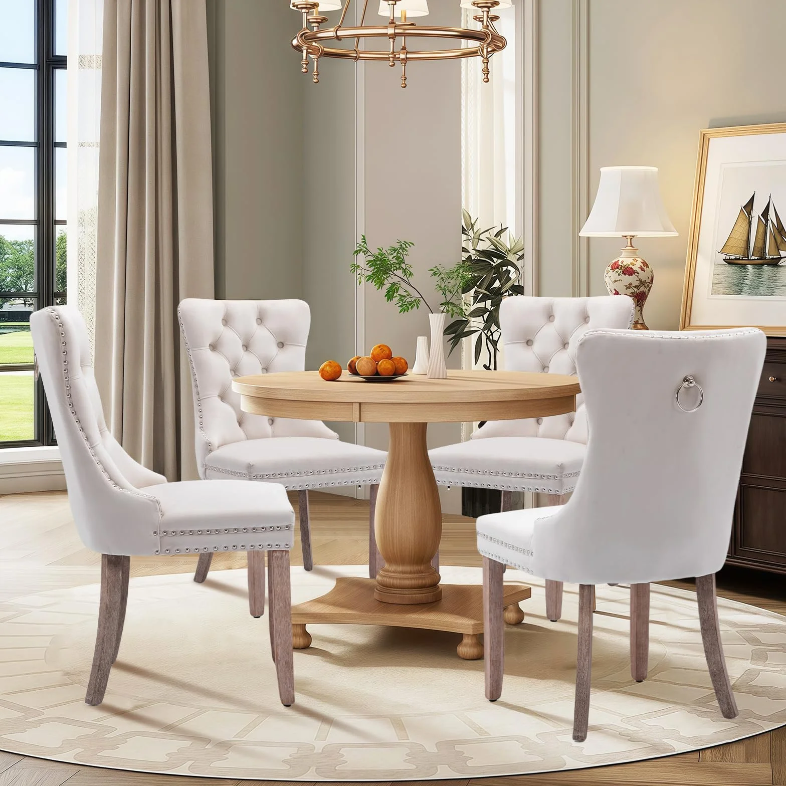 Sillas de Comedor Tapizadas en Terciopelo, Estilo Moderno, Silla de Cocina con Tachuelas y Anilla Metálica, Patas de Madera Natural, Juego de 4, Beige
