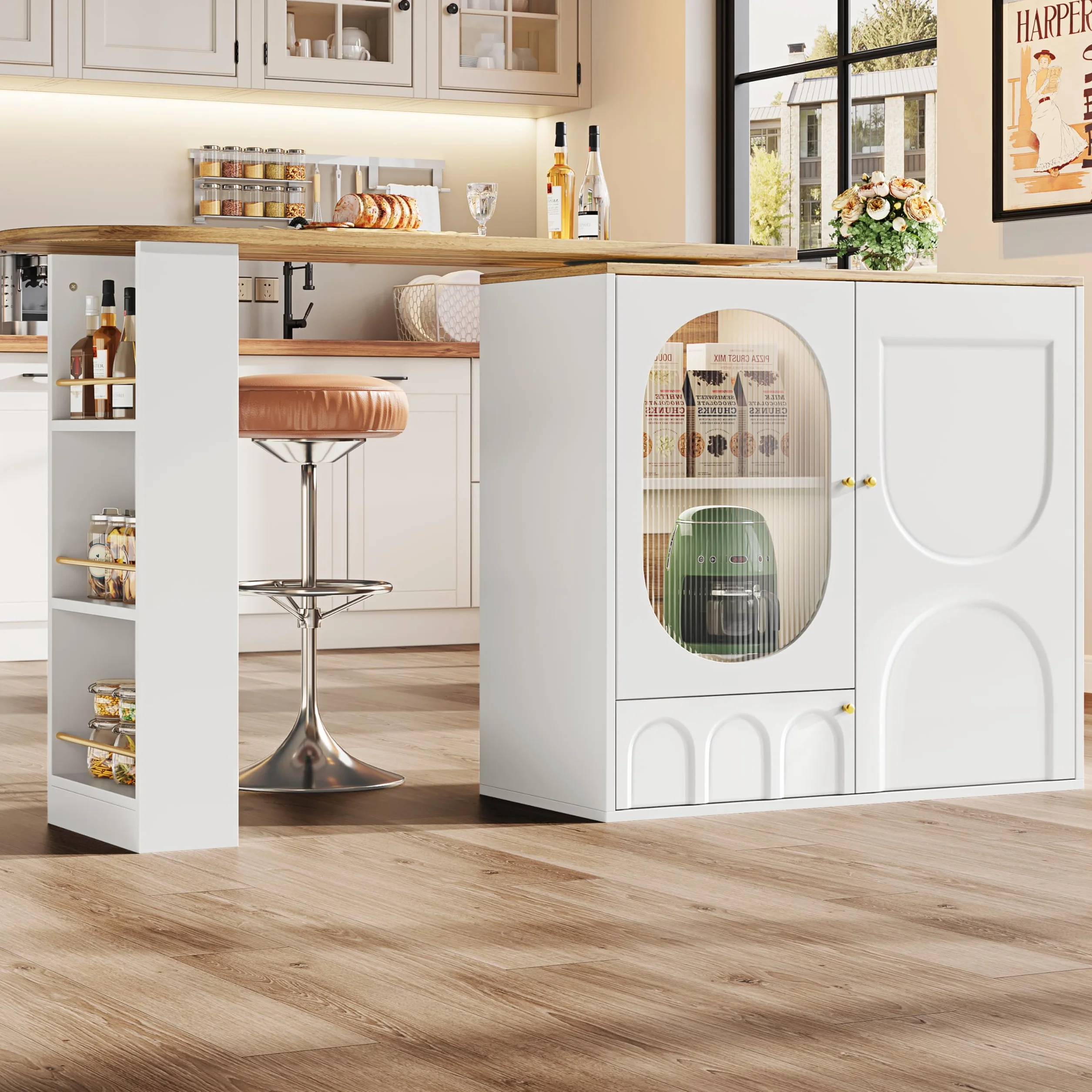 Mesa de bar giratoria 360° – Mesa alta (138 x 39 x 102 cm), isla de cocina blanca con espacio de almacenamiento, muebles de café, mostrador giratorio con tres puertas, estantes para puertas y