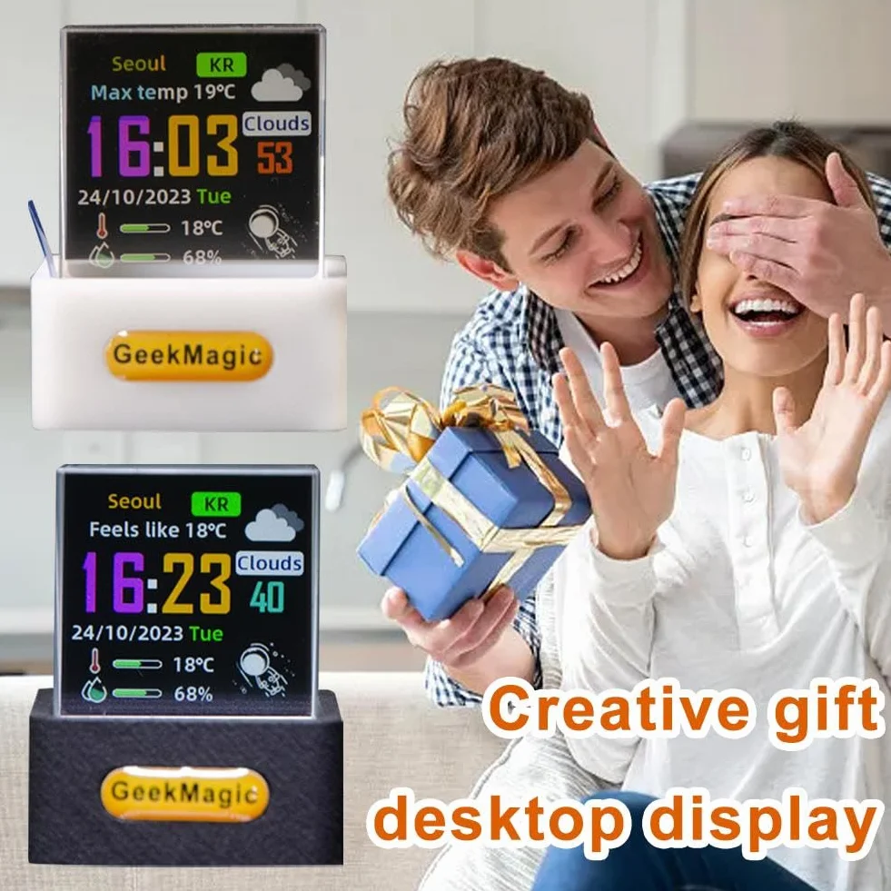 GeekMagic - Mini cubo holográfico 3D, pantalla de fotos 3D de cristal holográfico WiFi, estación meteorológica inteligente y reloj digital con animaciones GIF, marco de fotos electrónico, regalo