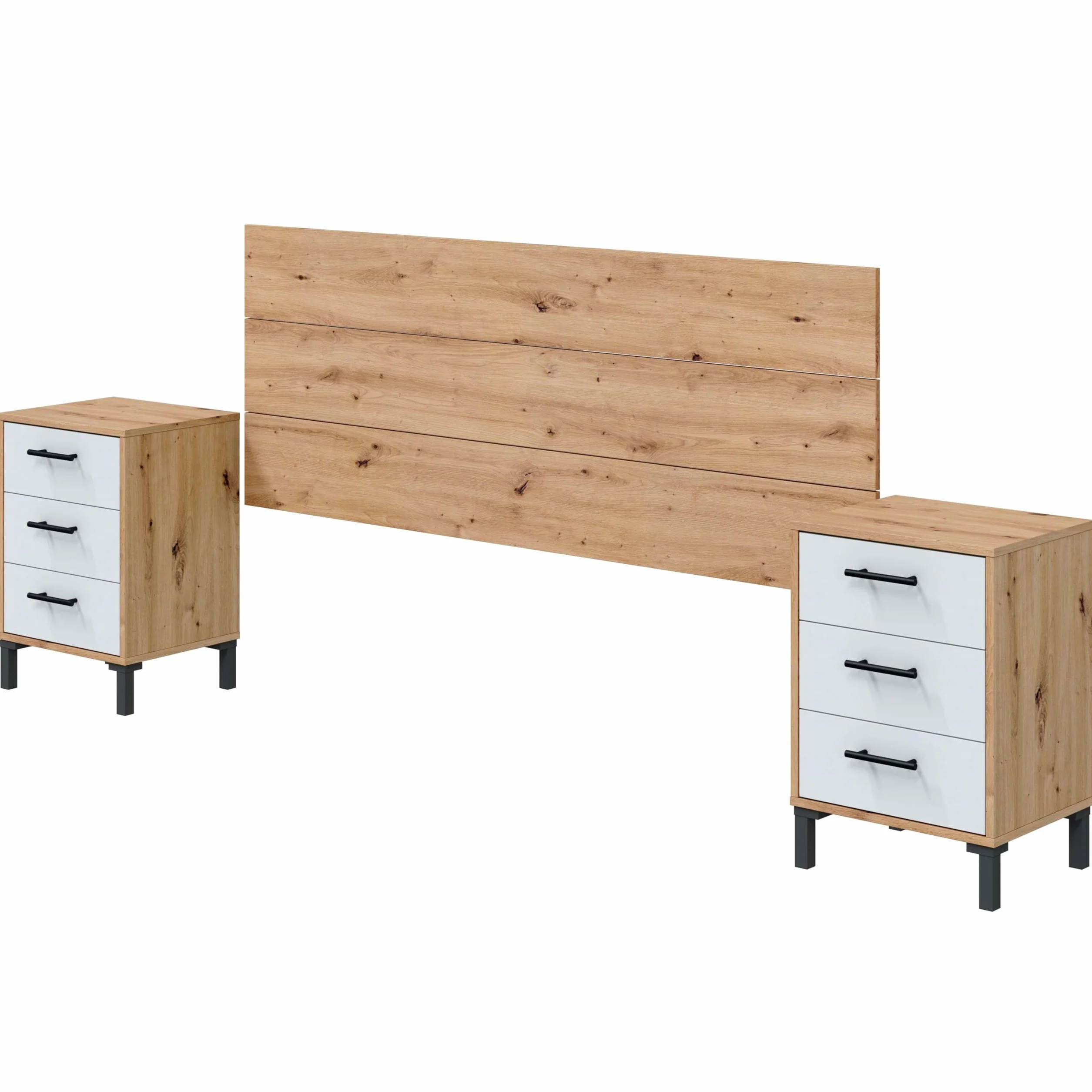 Bricohabitat Cabecero + 2 Mesitas 3 Cajones Cabezal y Mesitas Moderno Lúmina en Blanco Artik y Roble Nodi 240x101x33 cm
