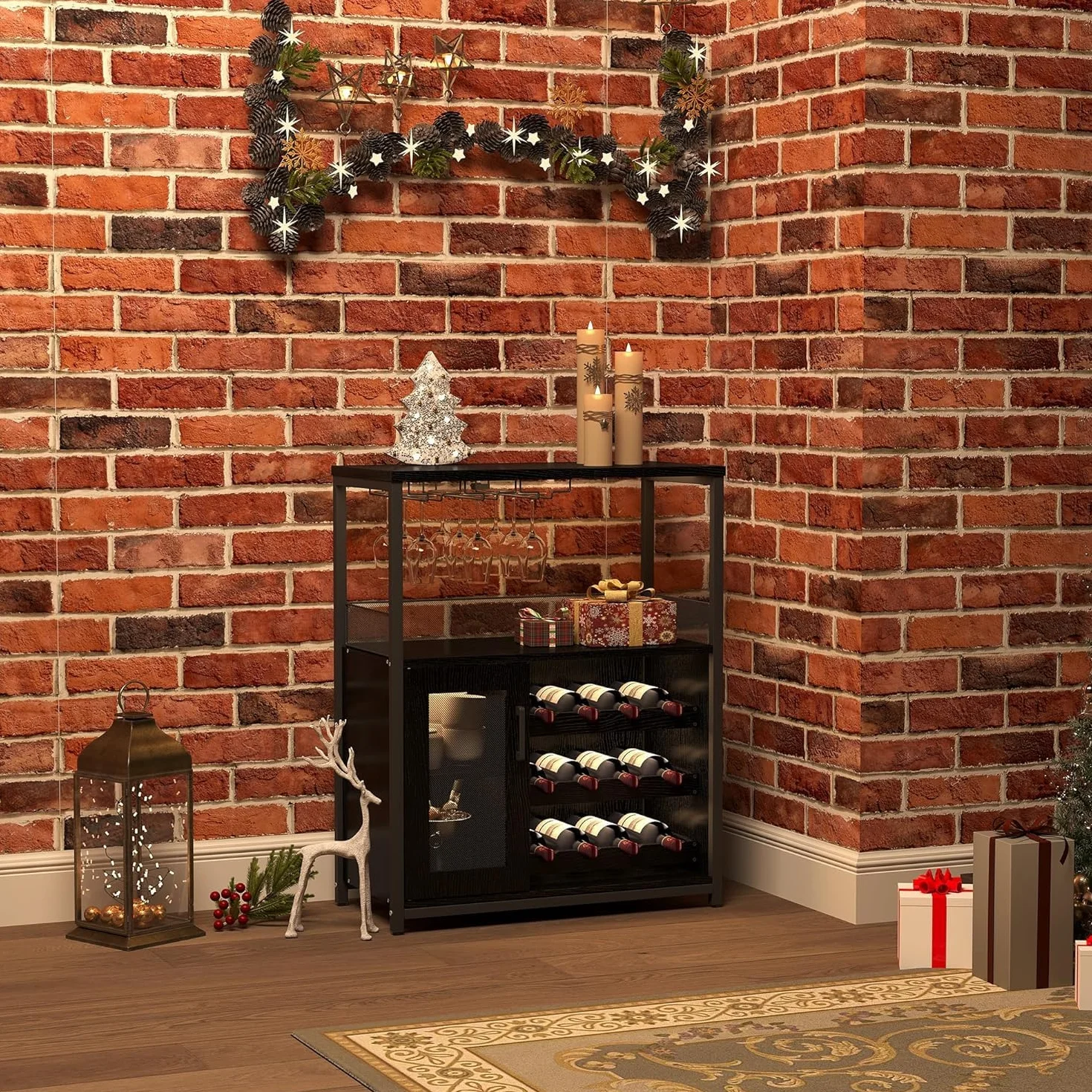 Garvee Botellero Industrial con Estante Ajustable para Vino y Soporte para Copas, Armario para Bebidas para Cocina, Comedor, Salón, 70x35x92 cm, Negro