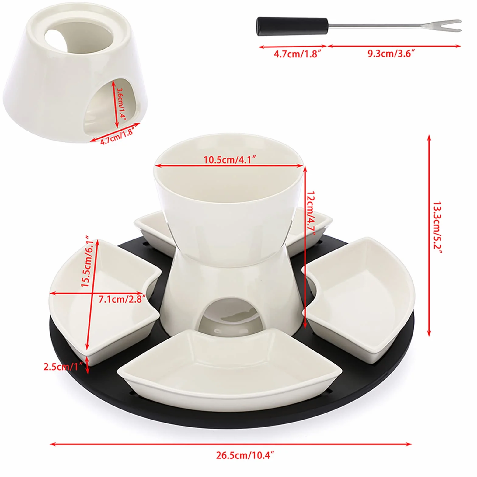 Fondue de Chocolate 300ml Cerámica Blanca Juego de Fundidor de Queso Cuadrado 11 Piezas con 4 Tenedores y Platos de Madera