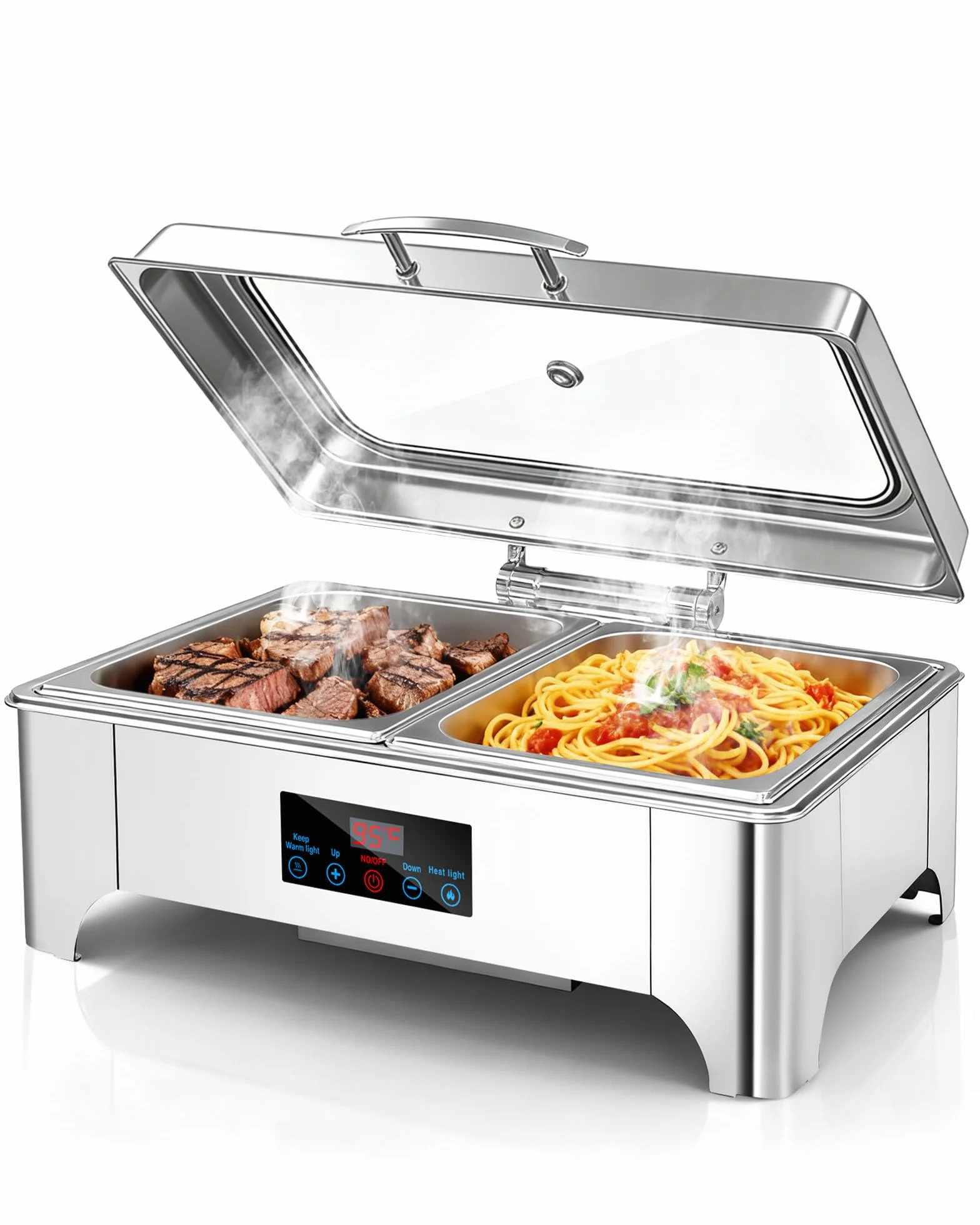 Chafing Dish Buffet Set Electric 9L, 2 Fuentes Redondas de Acero Inoxidable Grado Alimentario con Borde Enrollado Seguro, Acabado Espejo, Calentador de Alimentos para Catering, Bodas y Fiestas