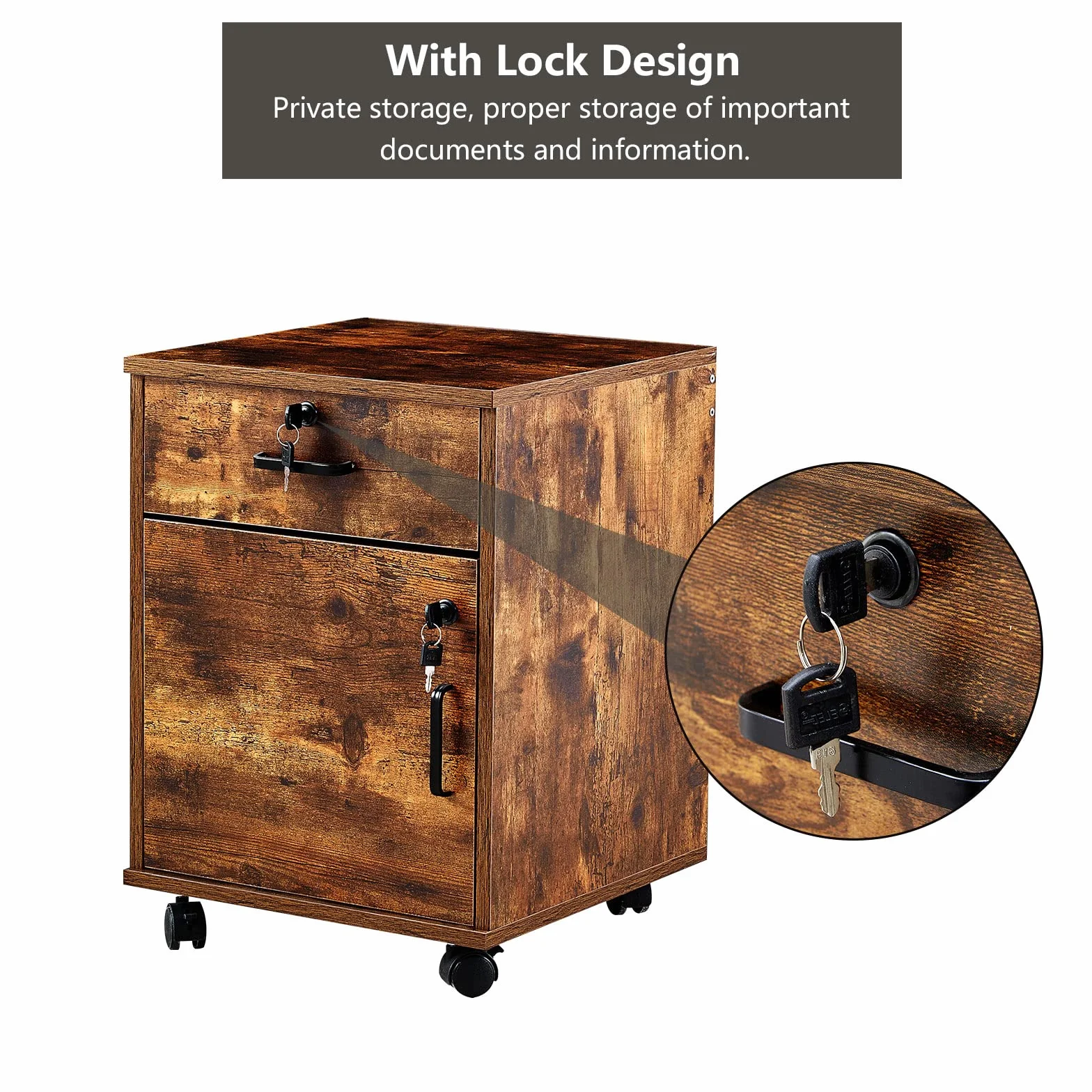 CLIPOP Archivador moderno con cerradura y cajón de madera con 1 almacenamiento cerrado y 4 ruedas rodantes, gabinete móvil para oficina en casa debajo del escritorio para papel A4, cartas y carpetas