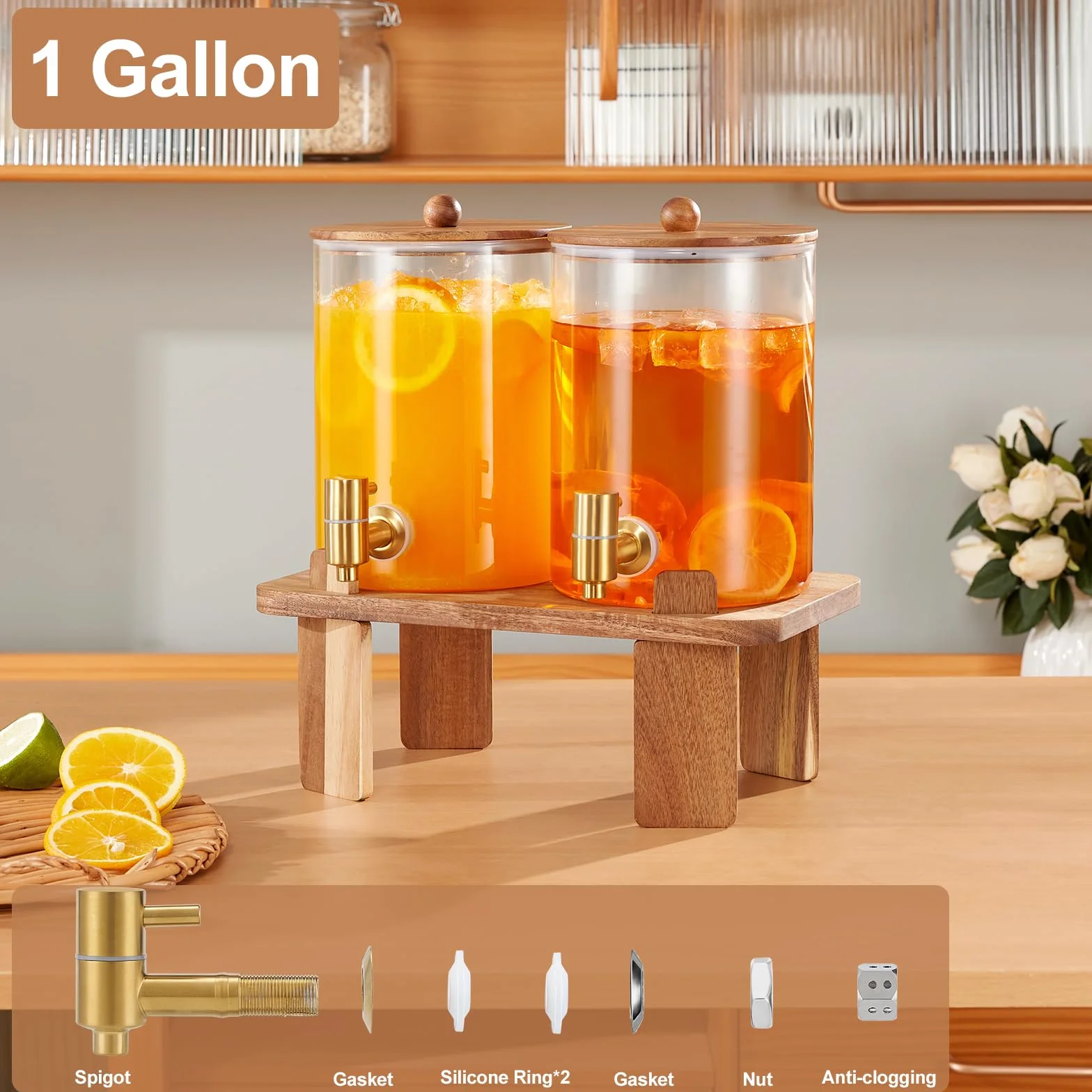 2 dispensadores de bebidas de 1 galón, dispensador de bebidas de vidrio con soporte de madera, dispensadores grandes de bebidas de agua para fiestas con espiga de acero inoxidable, ideal para limonada