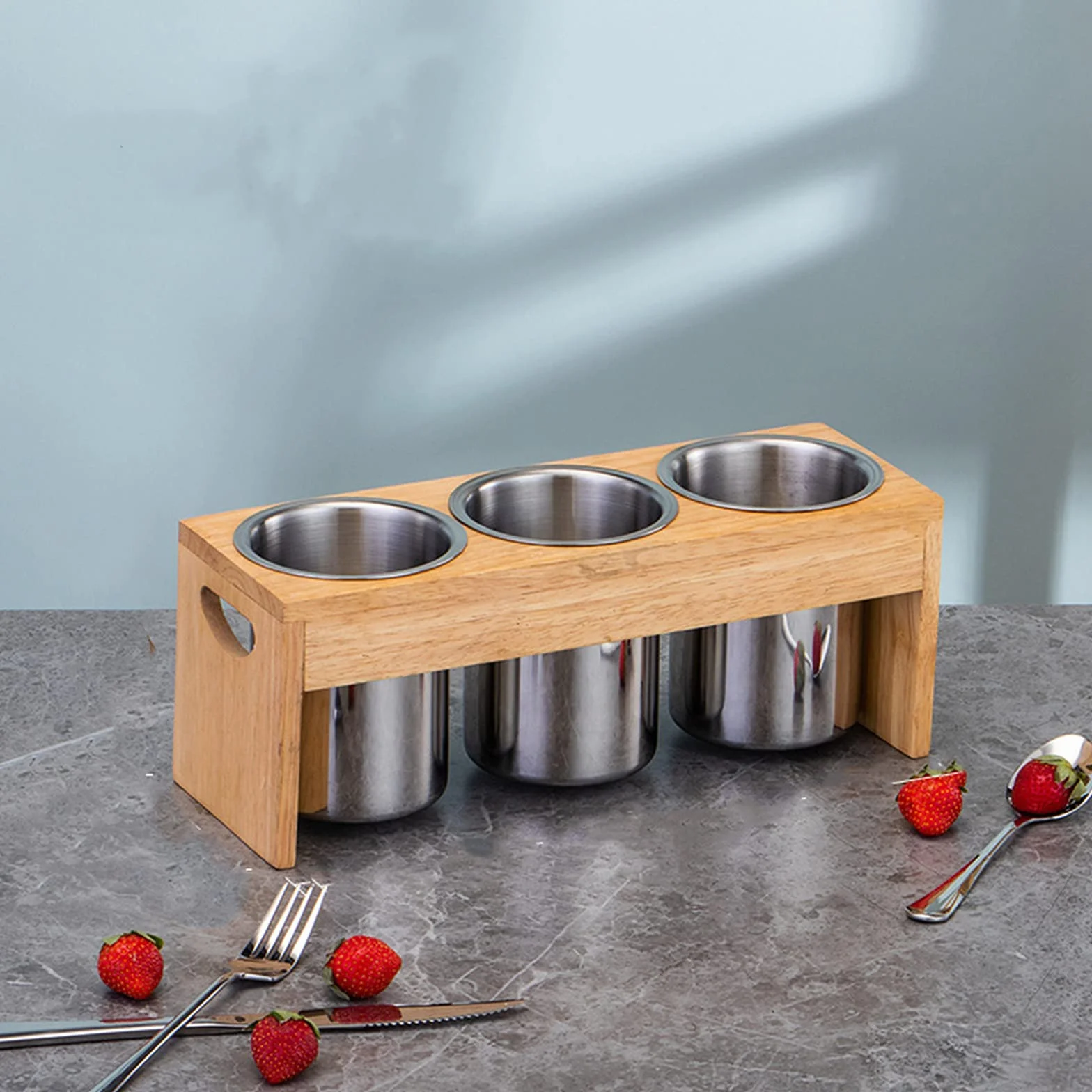 ZOOFOX Paquete de 3 soportes para cubiertos, organizador de utensilios de acero inoxidable con base de madera, organizador de cubiertos para cucharas, cuchillos y tenedores, ideal para mesa de cocina,
