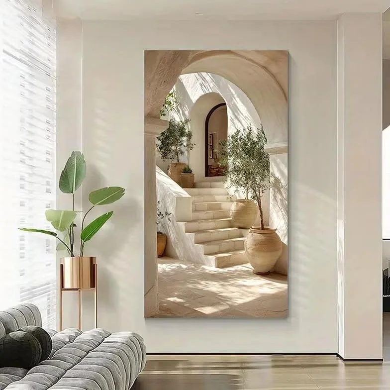 Lienzo con diseño de olivo mediterráneo de gran tamaño y escalones, moderno paisaje isleño en beige y blanco, póster artístico para pared para decoración del hogar 100x200cm/39x79in Sin marco