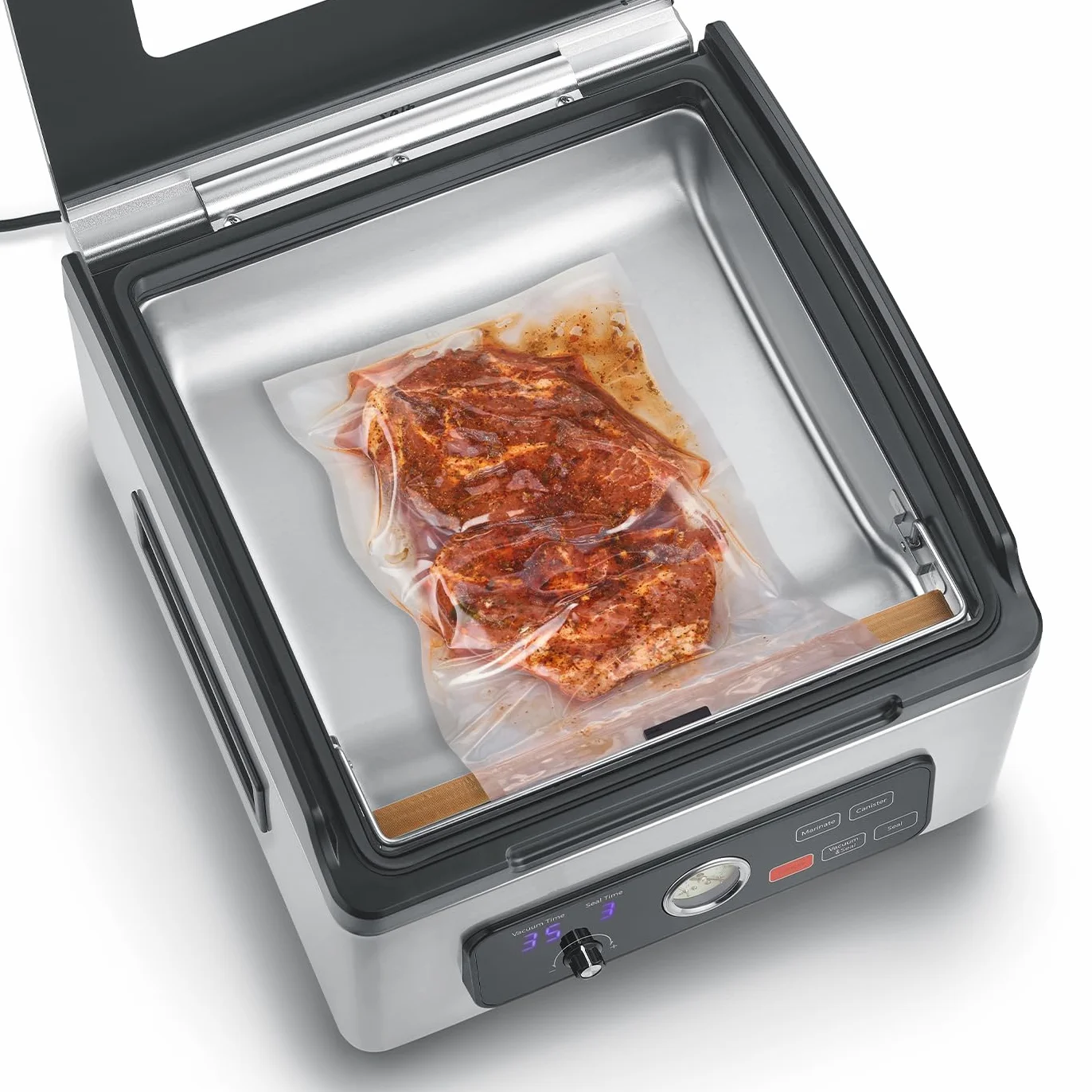 CASO VacuChef 700 - Sellador al vacío de cámara de acero inoxidable de 8 litros, fuerte bomba de vacío profesional de 70 litros/minuto, tapa de vidrio templado, para alimentos