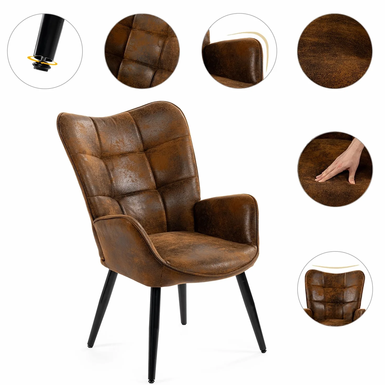 MEUBLE Cosy Sillón Nórdica Butaca de Salón para Dormitorio Silla Escandinavo con Respaldo y Reposabrazos Patas de Metal en Gamuza Marrón