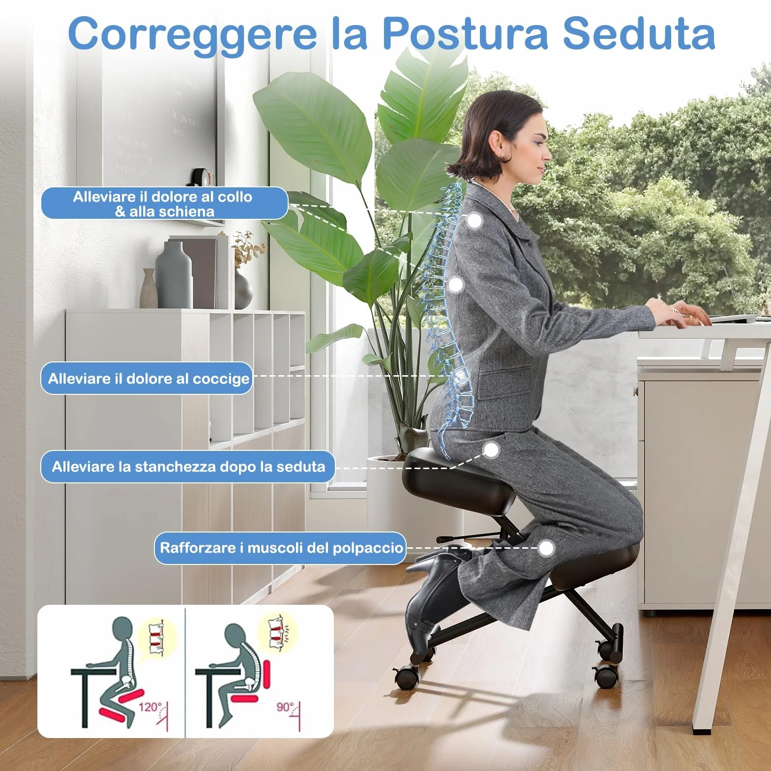 GIANTEX Silla de Rodillas Ergonómica para Corrección Postural, Taburete Acolchado con Altura Ajustable y 4 Ruedas Bloqueables, Silla de Escritorio para Oficina, Estudio