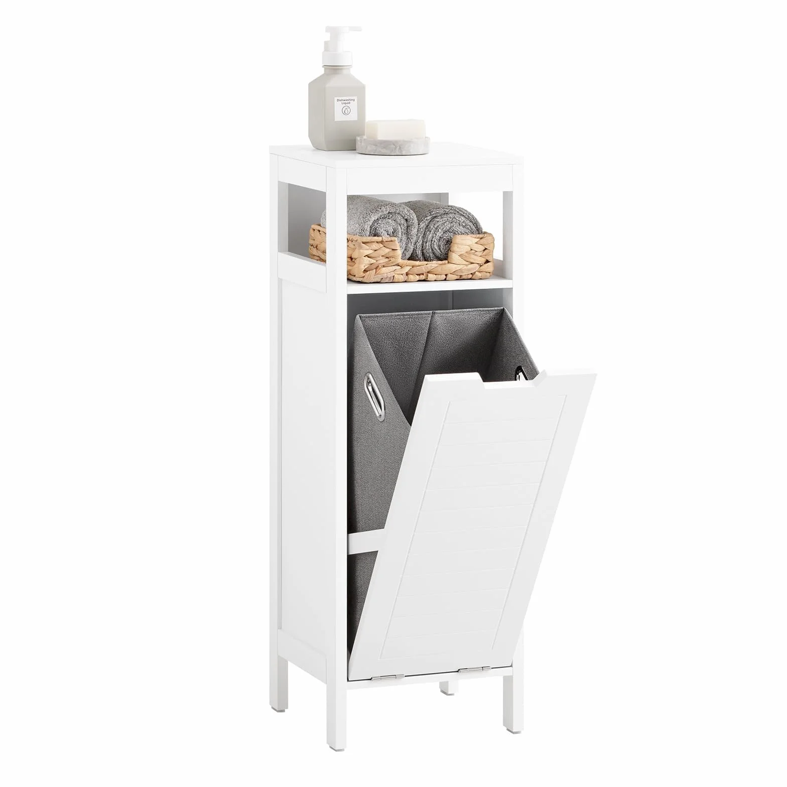 SoBuy Mueble Baño con Cesto para Ropa Sucia – Armario Compacto con Bolsa Abatible –Mueble Columna Baño Blanco, 30 x 90 x 30 cm, BZR122-W