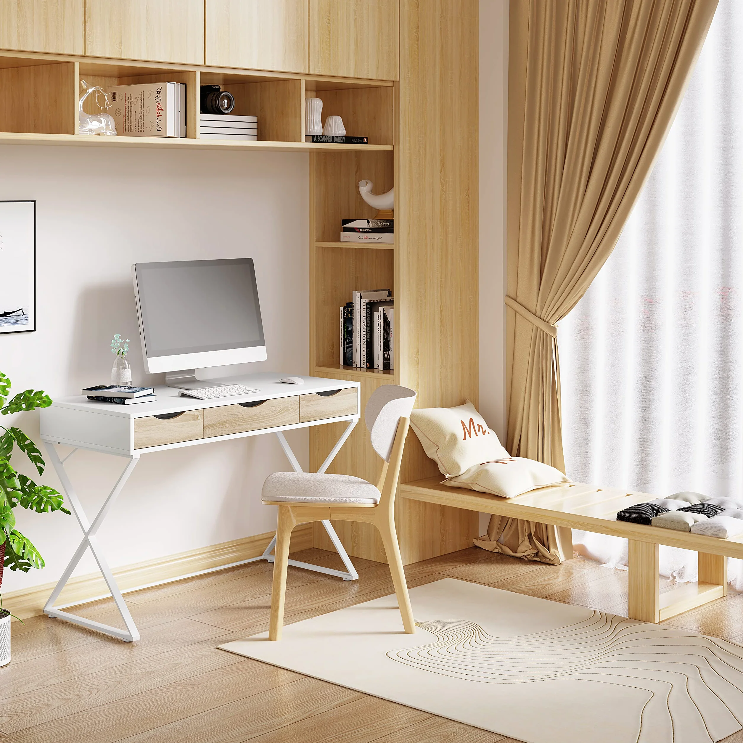 WOLTU Escritorio Blanco de 3 Cajones - Mesa Ordenador Metal-Madera para Oficina Casa/Habitación - 110x50x75cm