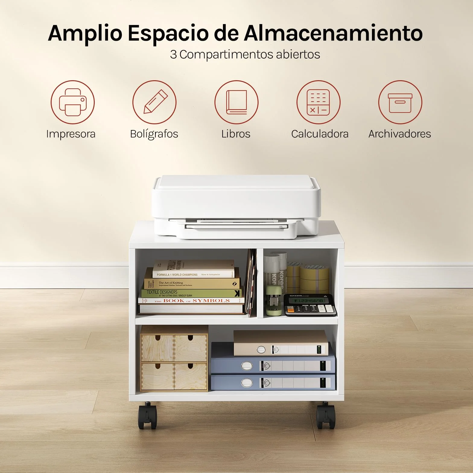 WOLTU Mesa para Impresora con Ruedas, Soporte de Impresora, Estantería Móvil, 3 Compartimentos, 40x30x35 cm, Blanco