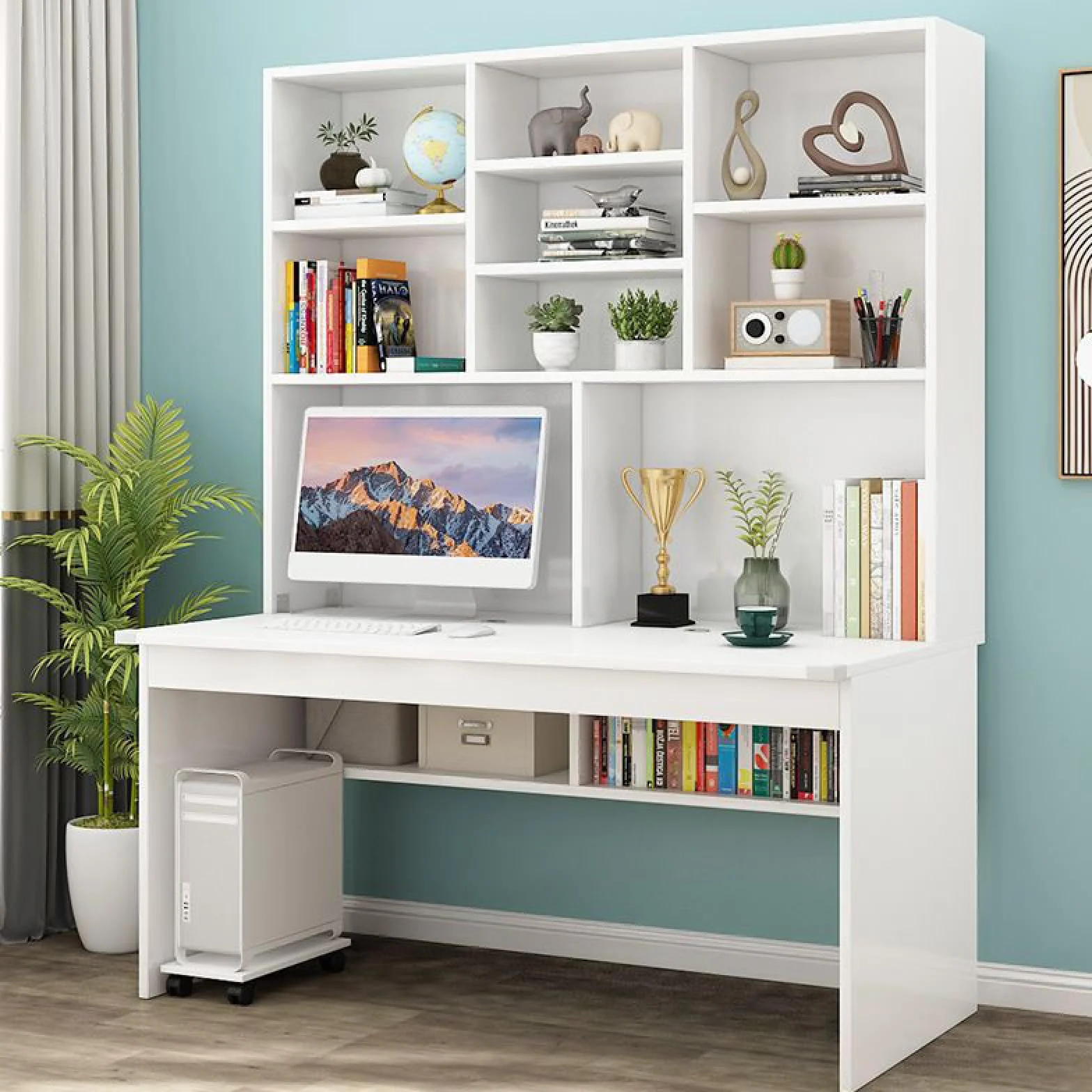 Escritorio compacto blanco para computadora con estantería y mesa de escritura de madera para espacios pequeños, ideal para estudio y estación de trabajo para adolescentes y estudiantes, artículos