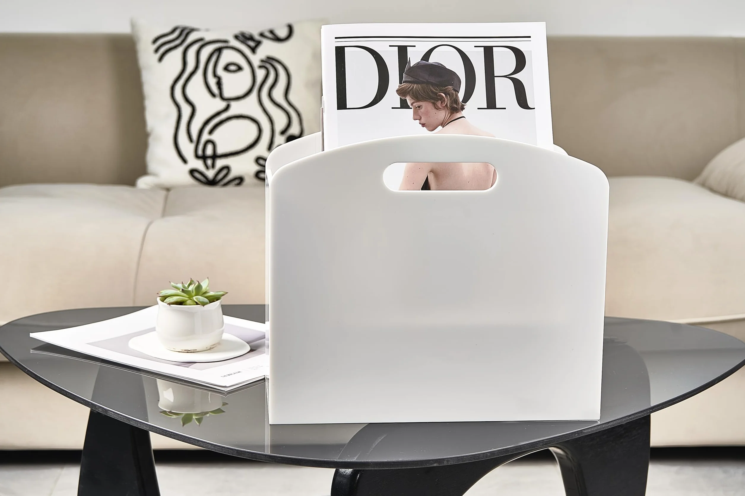 Revistero blanco – Revistero acrílico para piso, soporte de periódicos con asas, moderno Lucite para revistas y cesta de libros para baño, dormitorio, sala de estar