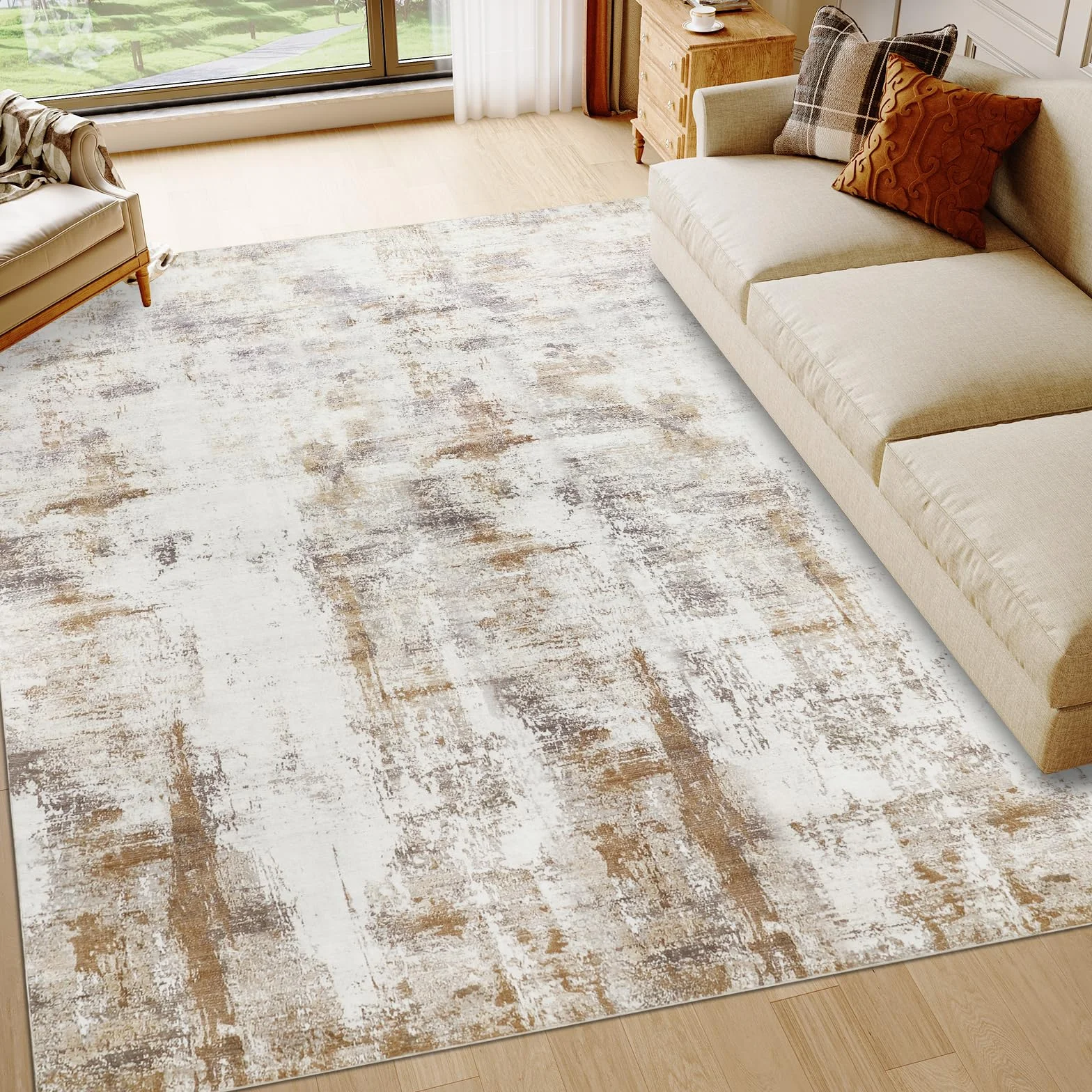 Famibay Alfombra Lavable 200x290cm Beige Marrón Antideslizante Salón Dormitorio Comedor