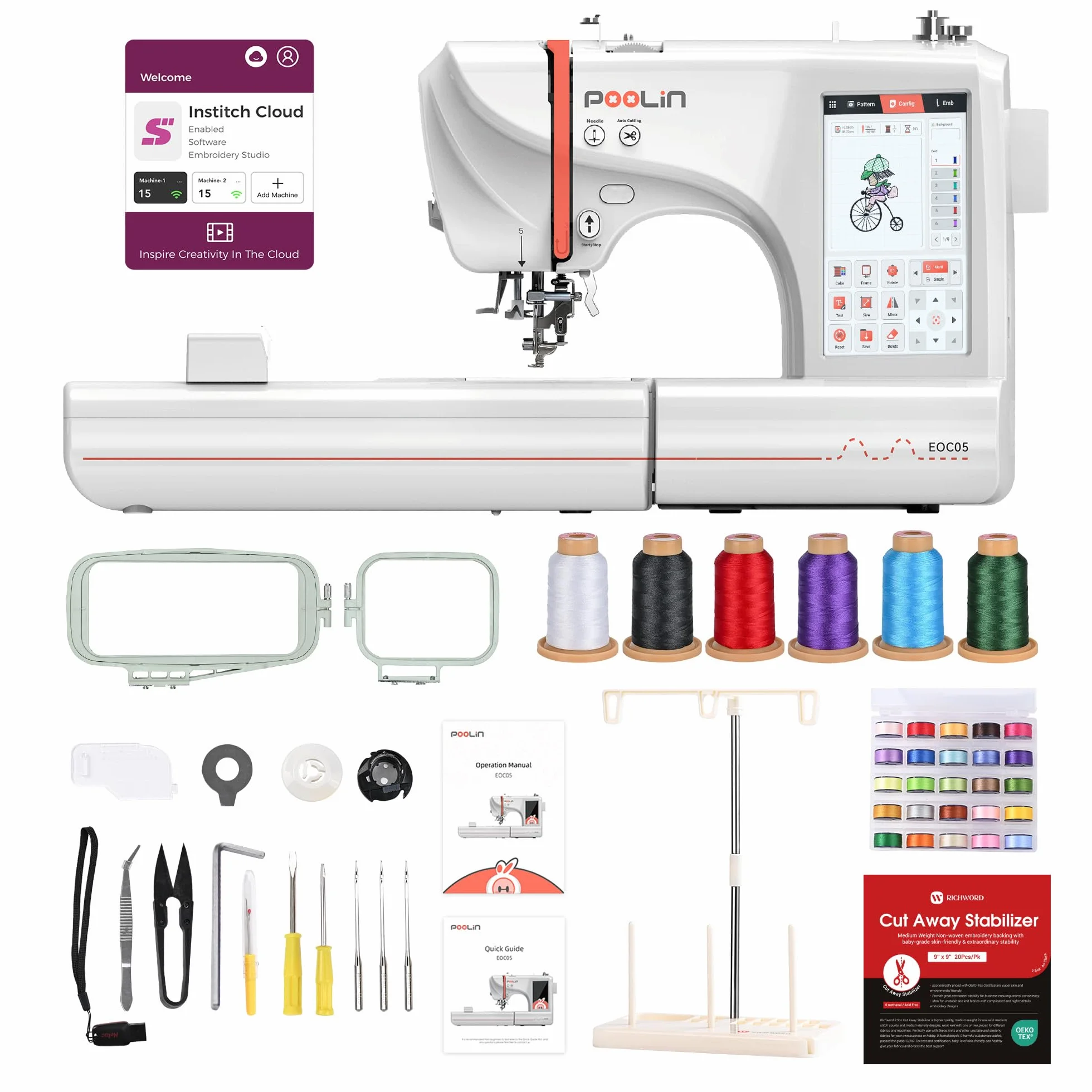 Máquina de bordar PooLin EOC05 - Máquina de bordar electrónica – Pantalla táctil LCD de 7", marcos de 10×10 cm y 10×23,5 cm, importación de motivos USB/Wi-Fi, ideal para principiantes y expertos
