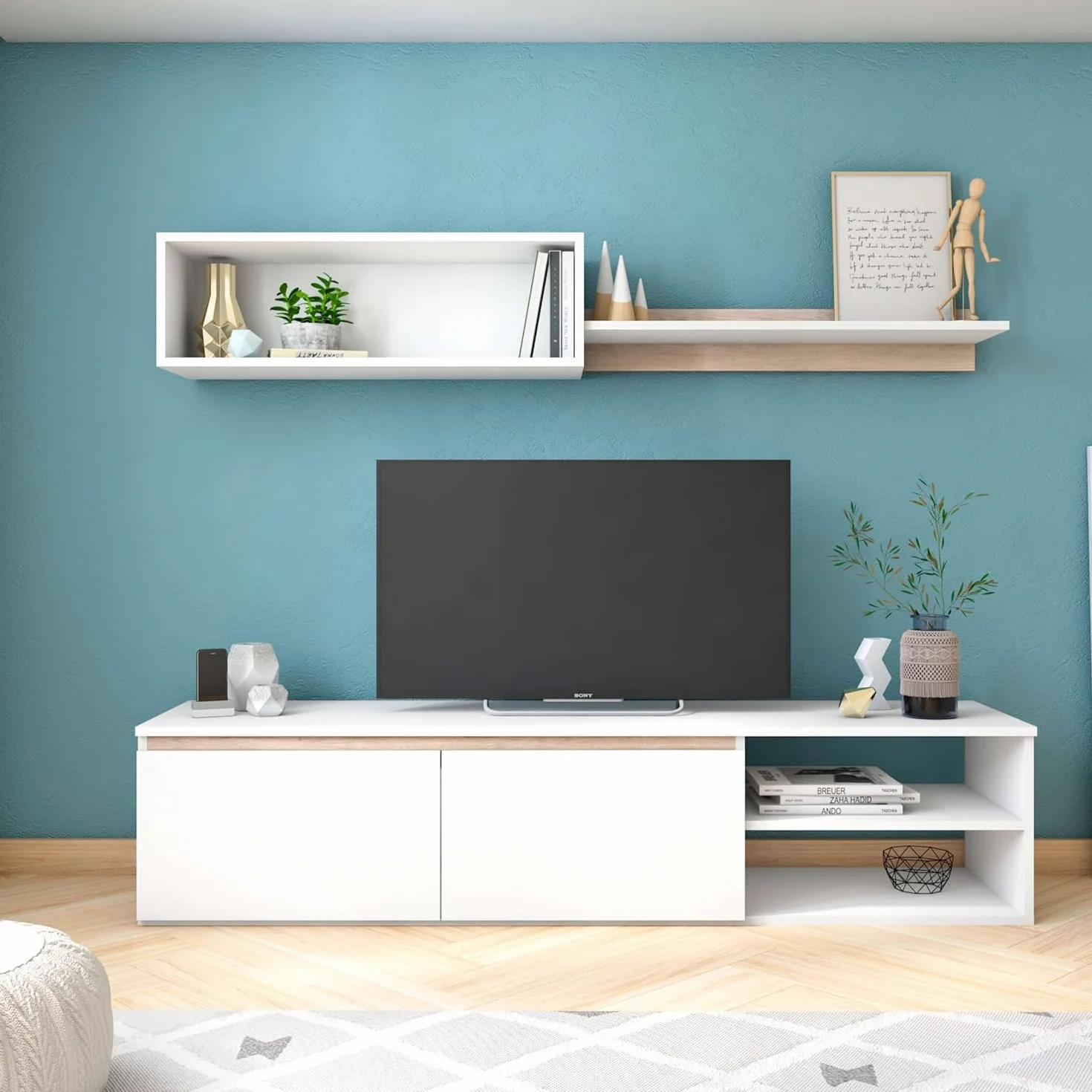 Mobelcenter, Mueble de Salón Oce 160, Módulo TV, Módulo Superior y Estante, Acabado en Color Blanco Mate y Sahara, Medidas: Ancho: 160 cm x Alto: 200 cm x Fondo: 39 cm (1568)
