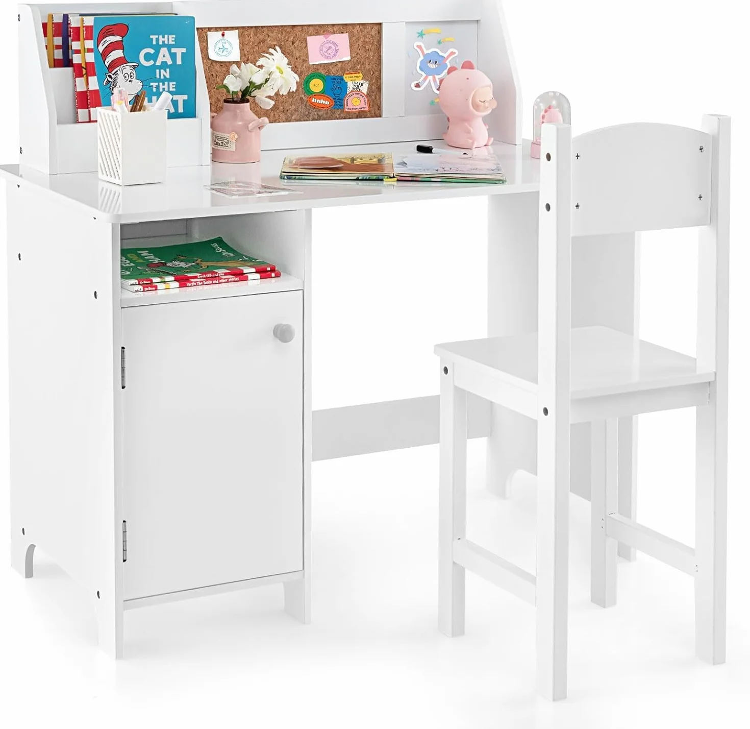 FANTASK Juego de Escritorio Infantil, Escritorio Infantil con Silla de Madera, Escritorio Escolar con estantería, Armario y tablón de anuncios, Escritorio Juvenil para niños a Partir de 3 años, Color