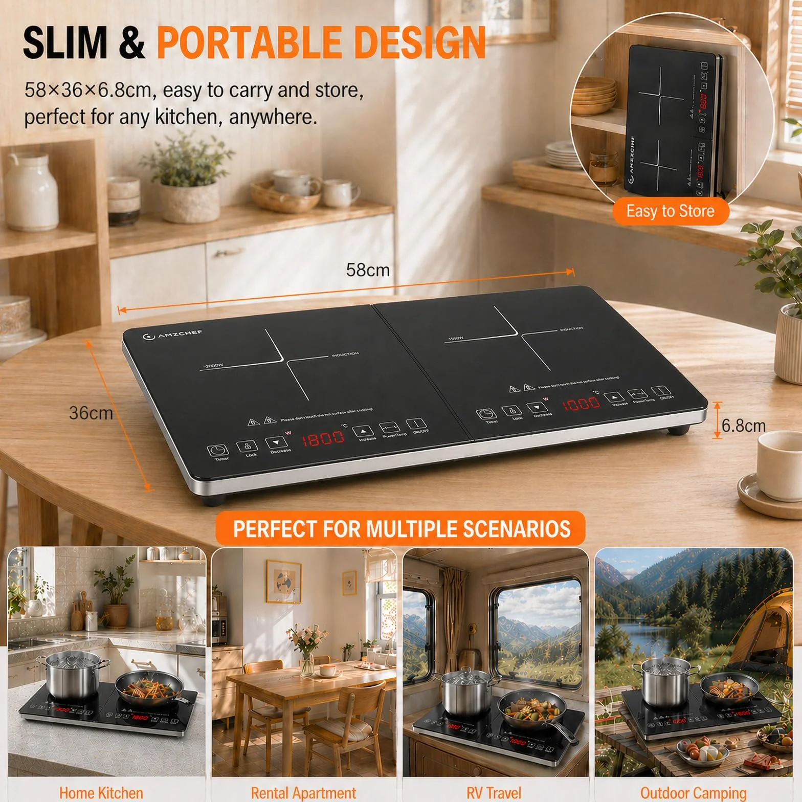 AMZCHEF Placa Inducción 2 Fuegos, Placa de Inducción Doble con Control Independiente, Bisel de Plata de Moda, 20 Niveles de Temperatura, Múltiples Niveles de Potencia, Temporizador de 3 Horas, 3500W