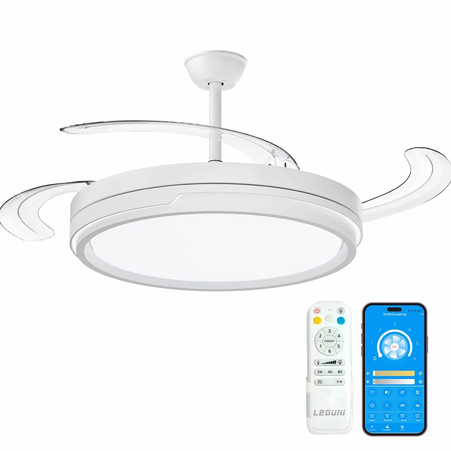Ventilador con Luz LED 66W + Motor DC 30W, 8280 lm, con mando, Ultra Silencioso con Motor DC, 6 velocidades, aspas retráctiles, 3 temperaturas de luz, función verano-invierno (Blanco Liso)