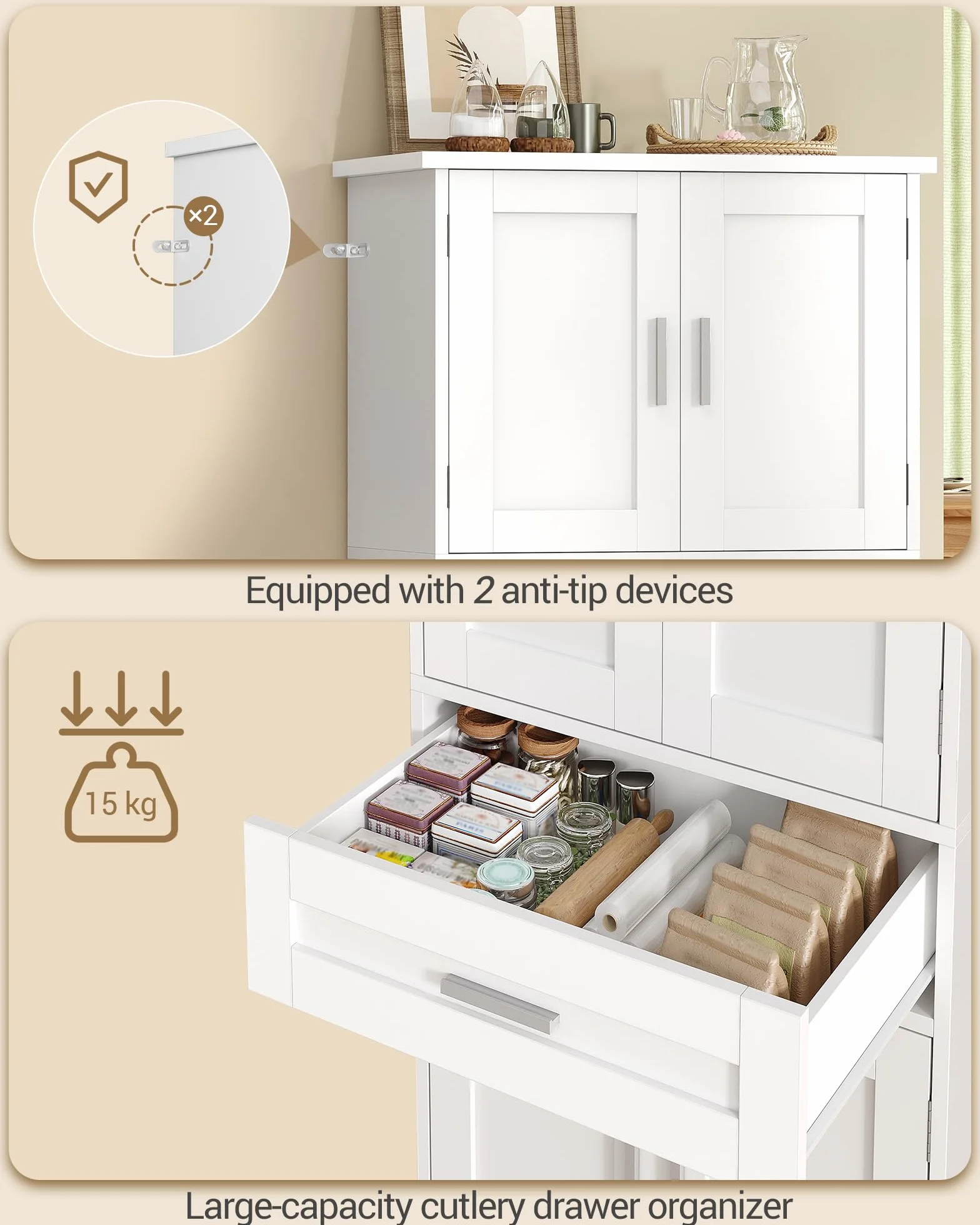 Alacena de Cocina 120 cm Aparador 4 Puertas 1 Cajón Armario Alto Blanco 40x60x120 cm