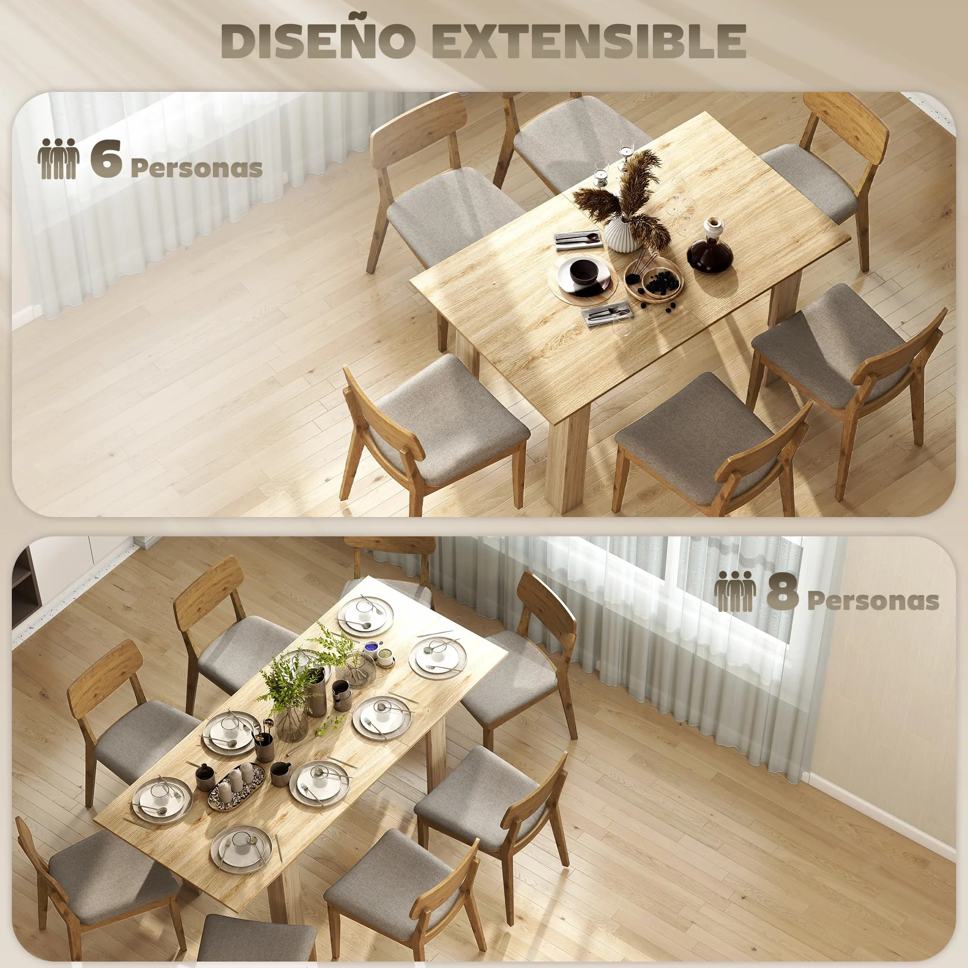 HOMCOM Mesa de Comedor Extensible 140-180x90x75 cm Madera Natural | de 140 a 180 cm, Mesa de Cocina Extensible Rectangular, para 6-8 Personas, para Salón