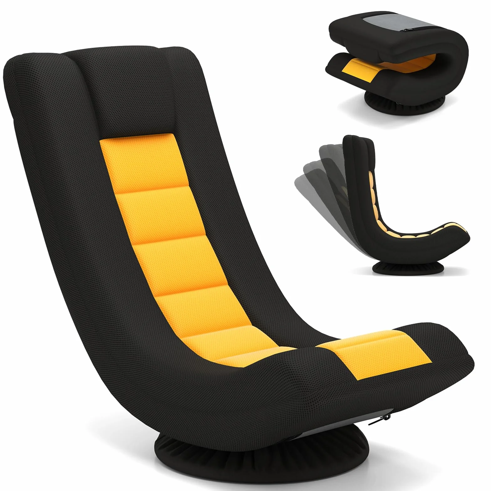 RELAX4LIFE Sillón de Suelo Giratorio 360°, Silla Plegable con Respaldo Ajustable en 4 Posiciones, Cojín para el Cuello y Base de Metal, Silla de Suelo Acolchada con Esponja Acolchada (Negro+Amarillo)
