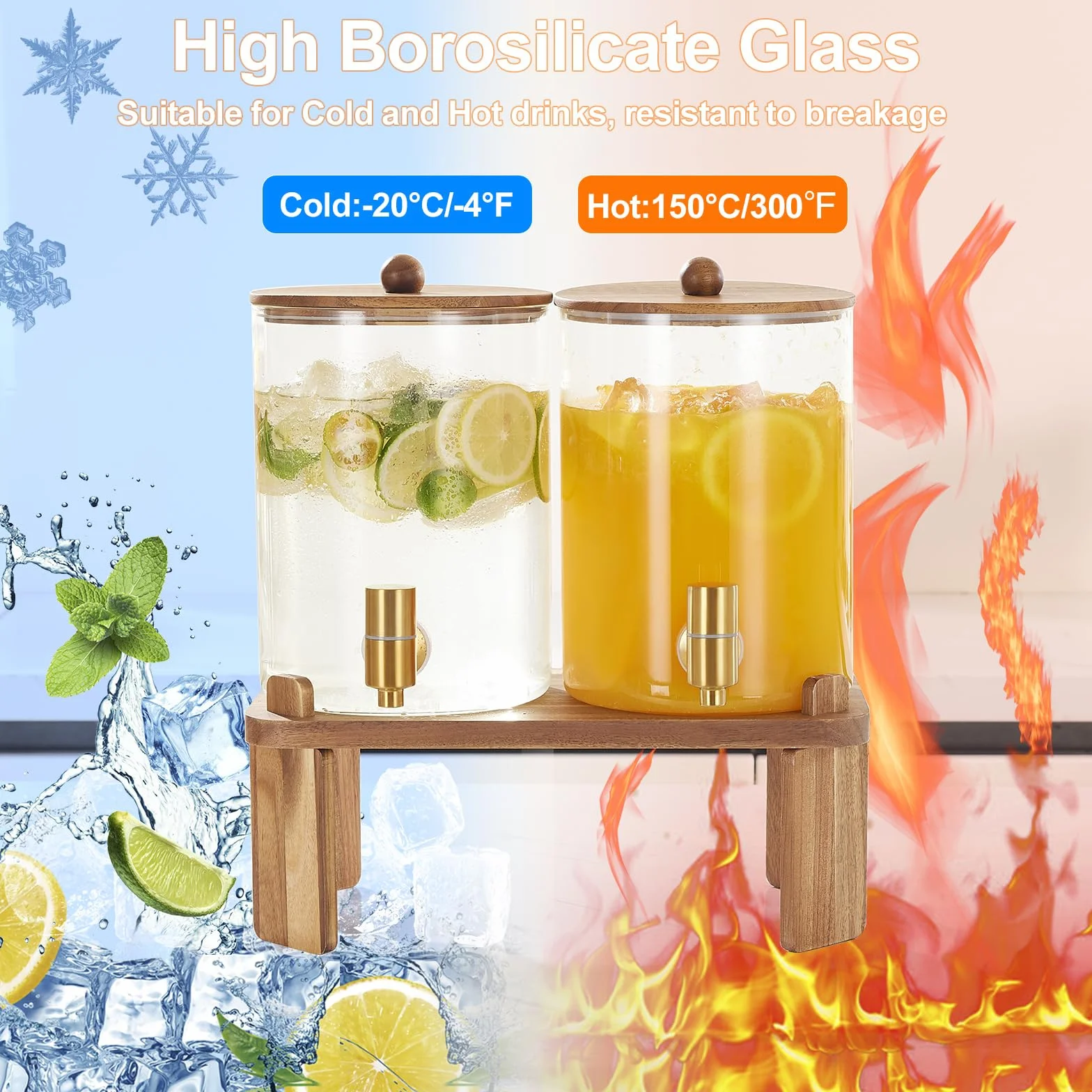 2 dispensadores de bebidas de 1 galón, dispensador de bebidas de vidrio con soporte de madera, dispensadores grandes de bebidas de agua para fiestas con espiga de acero inoxidable, ideal para limonada