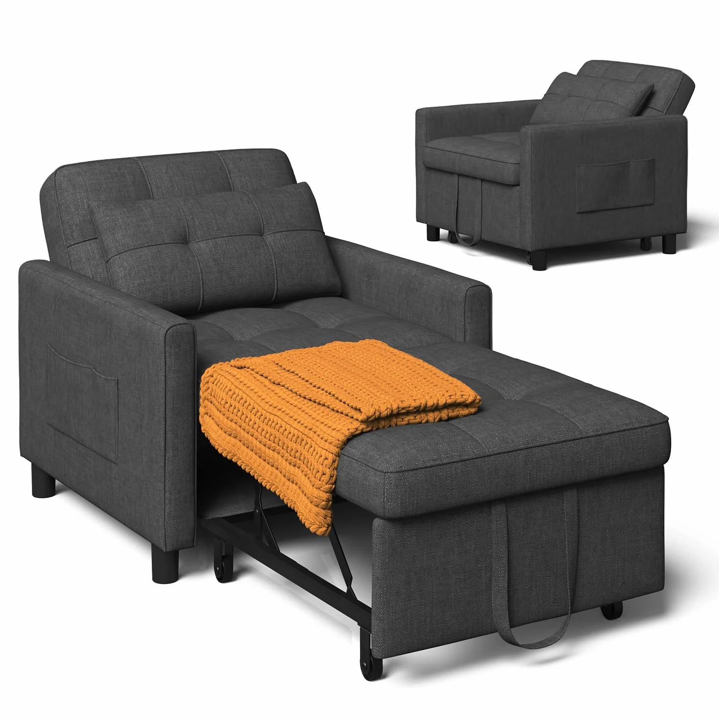 Xbro Sofá Cama Convertible Sillón Cama Plegable 3 en 1 con función de Cama, sofá Cama Ajustable con cojín y Saco, sillón con función de Dormir para apartamento pequeño (Gris Oscuro)