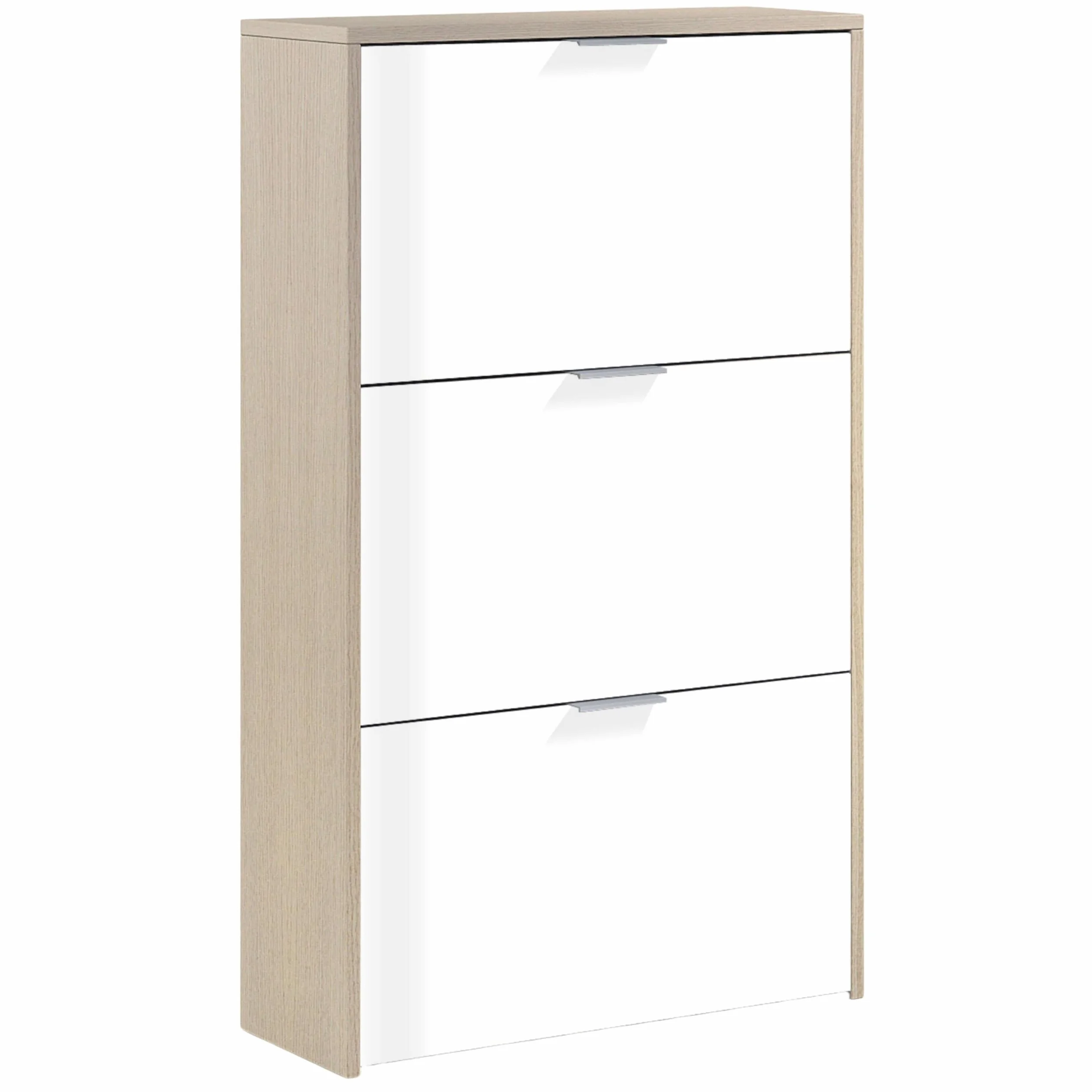Habitdesign Zapatero 3 Puertas, Zapatero Estrecho, Acabado en Color Blanco Brillo y Roble Canadian, Medidas: 60 cm (Largo) x 113 cm (Alto) x 22 cm (Fondo)