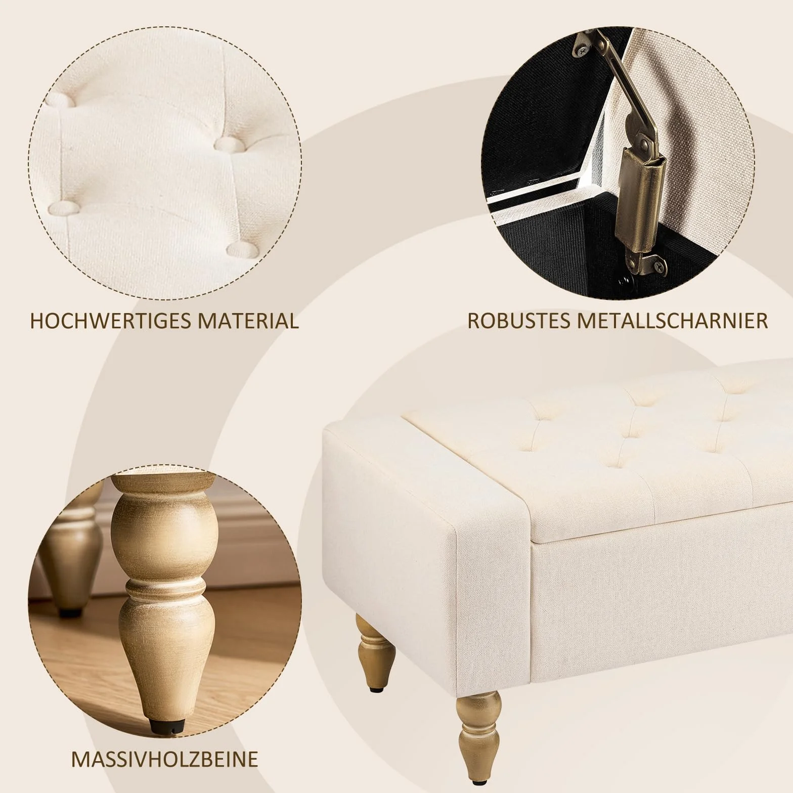 Banco de Almacenamiento con Asiento Acolchado – Banco Caja Multiusos para Entrada, Salón o Dormitorio | Pouf con Caja de Gran Capacidad, Tapizado Resistente y Fácil Montaje | Diseño Moderno Beige