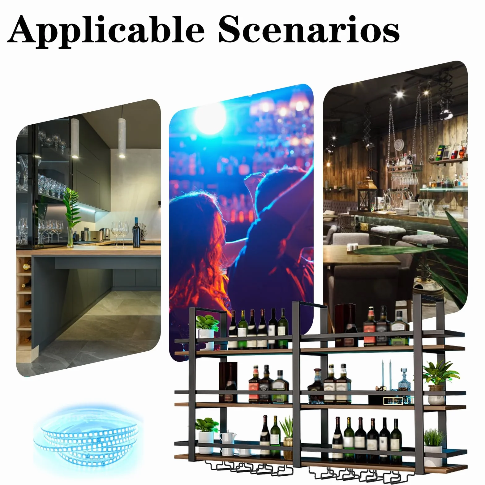 Botellero de Pared con Luz LED, 3 Niveles Estante Flotante Metal y Madera con Soporte Copas, Gran Capacidad Estante Exposición Vino, para Hogar, Restaurante Decoración Bar (Negro, 100cm)