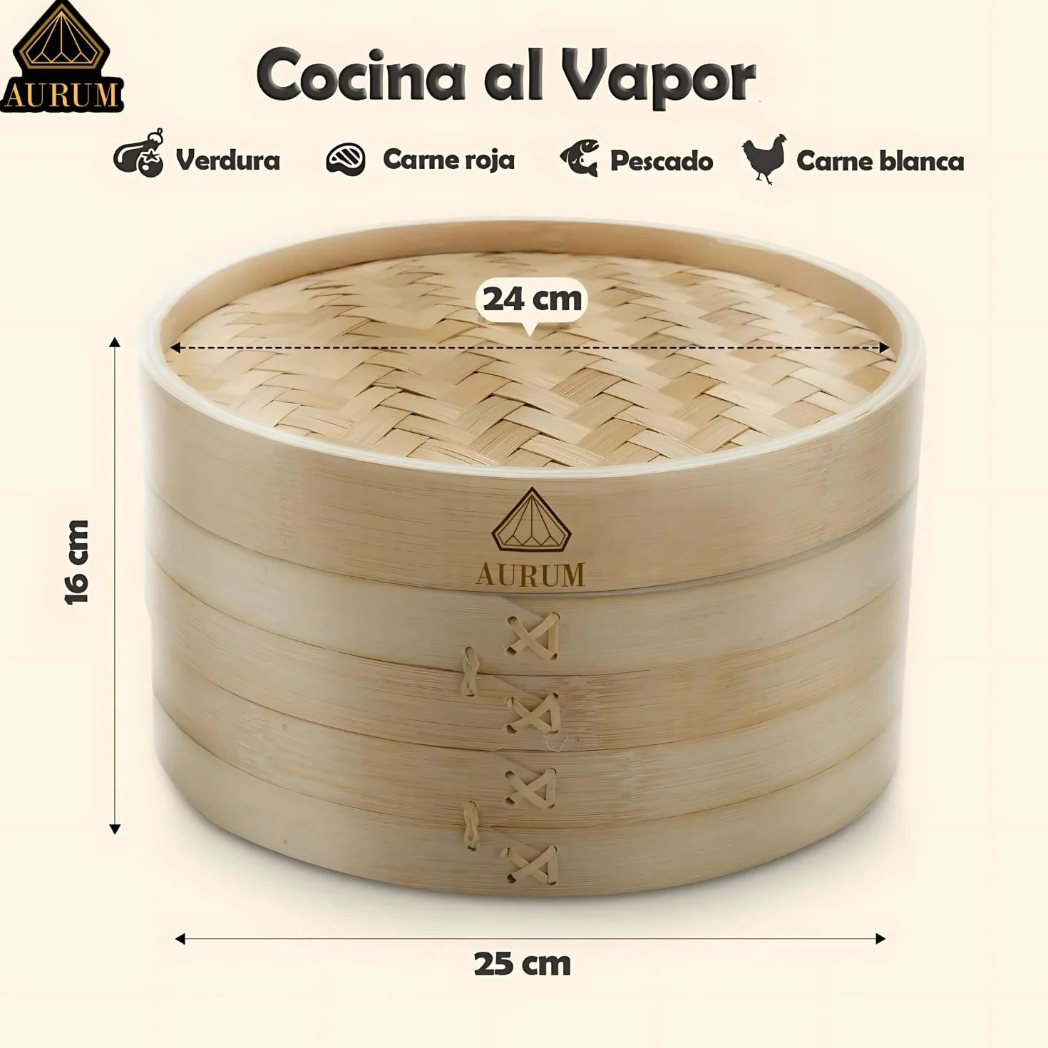 Aurum Vaporera de Bambú 2 Niveles 20 cm 25 cm Incluye Accesorios Cocinar Vapor