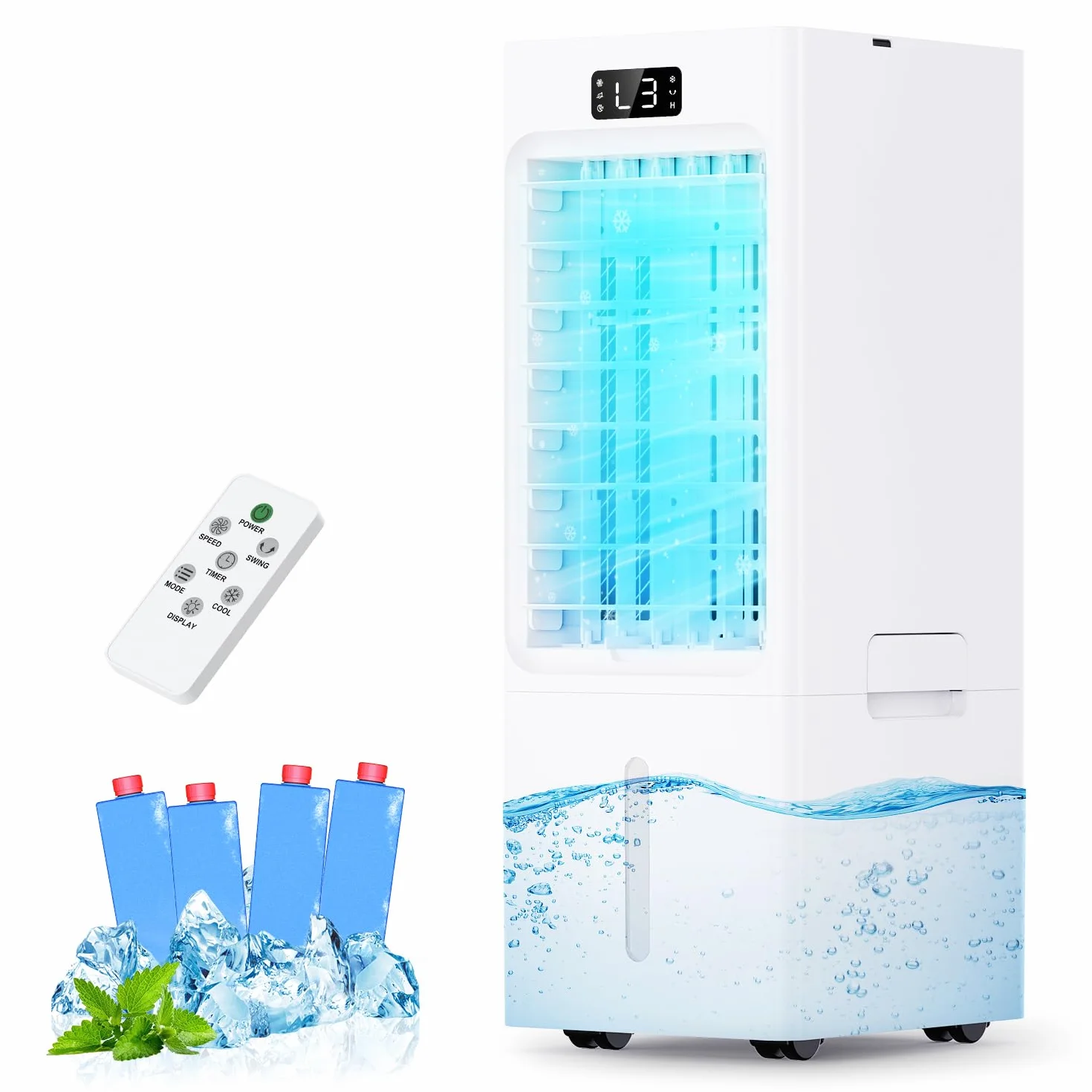 Aire Acondicionado Portatil 4 en 1, Enfriador de Aire con Tanque de 6L, 3 Modos & 3 Velocidades, Temporizador 1-12H, Oscilación,4 Packs de Hielo, Control Remoto, Portátil, Silencioso