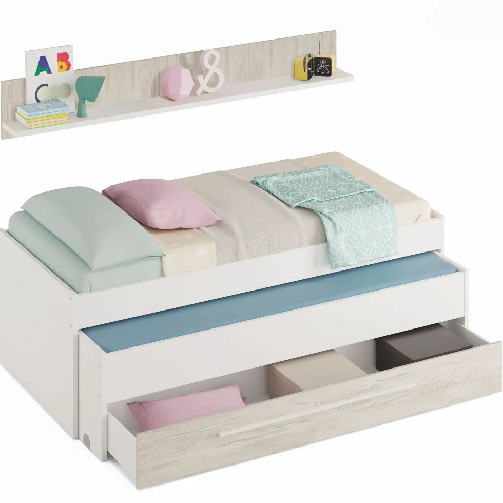 Mobelcenter, Cama Nido Juvenil Elliot 2 Camas 1 Cajón 1 Estante, Cama Doble Juvenil con 2 Camas 1 Cajón, Color Blanco Artik y Blanco Velho, Medidas: Ancho: 199 cm x Fondo: 96 cm x Alto: 65 cm (1383)