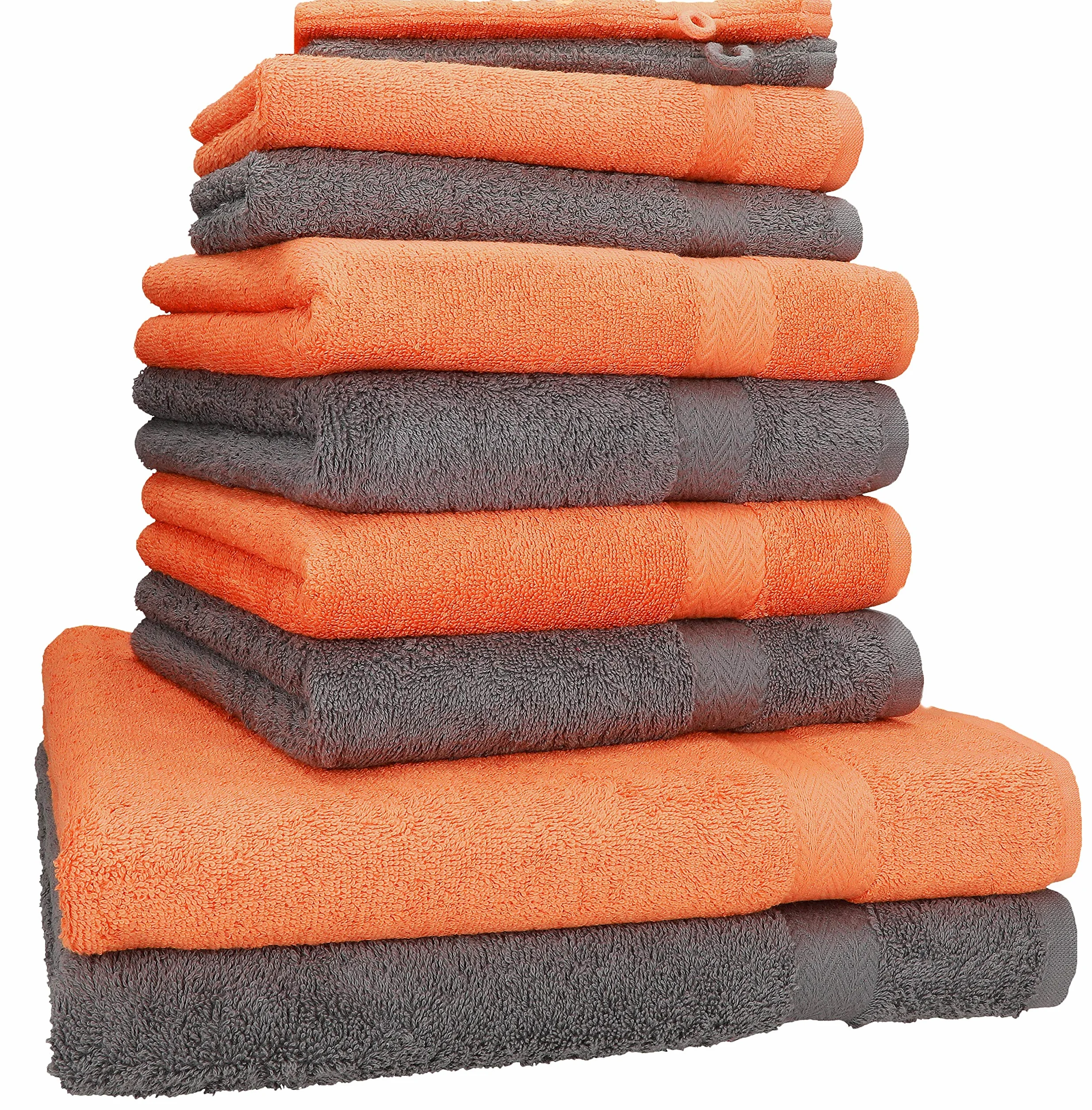 Betz Juego de Toallas de 10 Piezas 2 Toallas de baño 4 Toallas de Mano 2 Toallas para Invitados 2 Manoplas de baño 100% algodón Toalla Ducha baño Mano Premium de Color Gris Antracita y Naranja