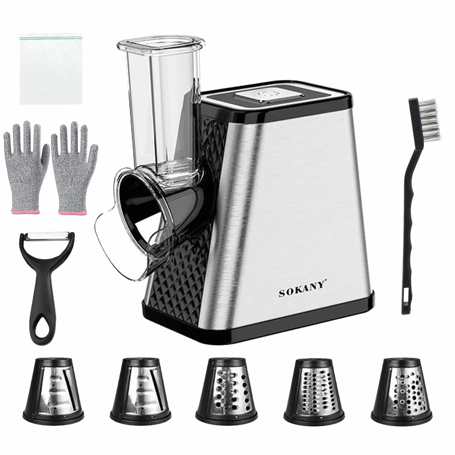 Cortador de verduras eléctrico 5 en 1, rallador eléctrico de cocina con 5 cuchillas, cepillo de limpieza, pelador, bolsas frescas y guantes, rallador de verduras, rallador múltiple para frutas