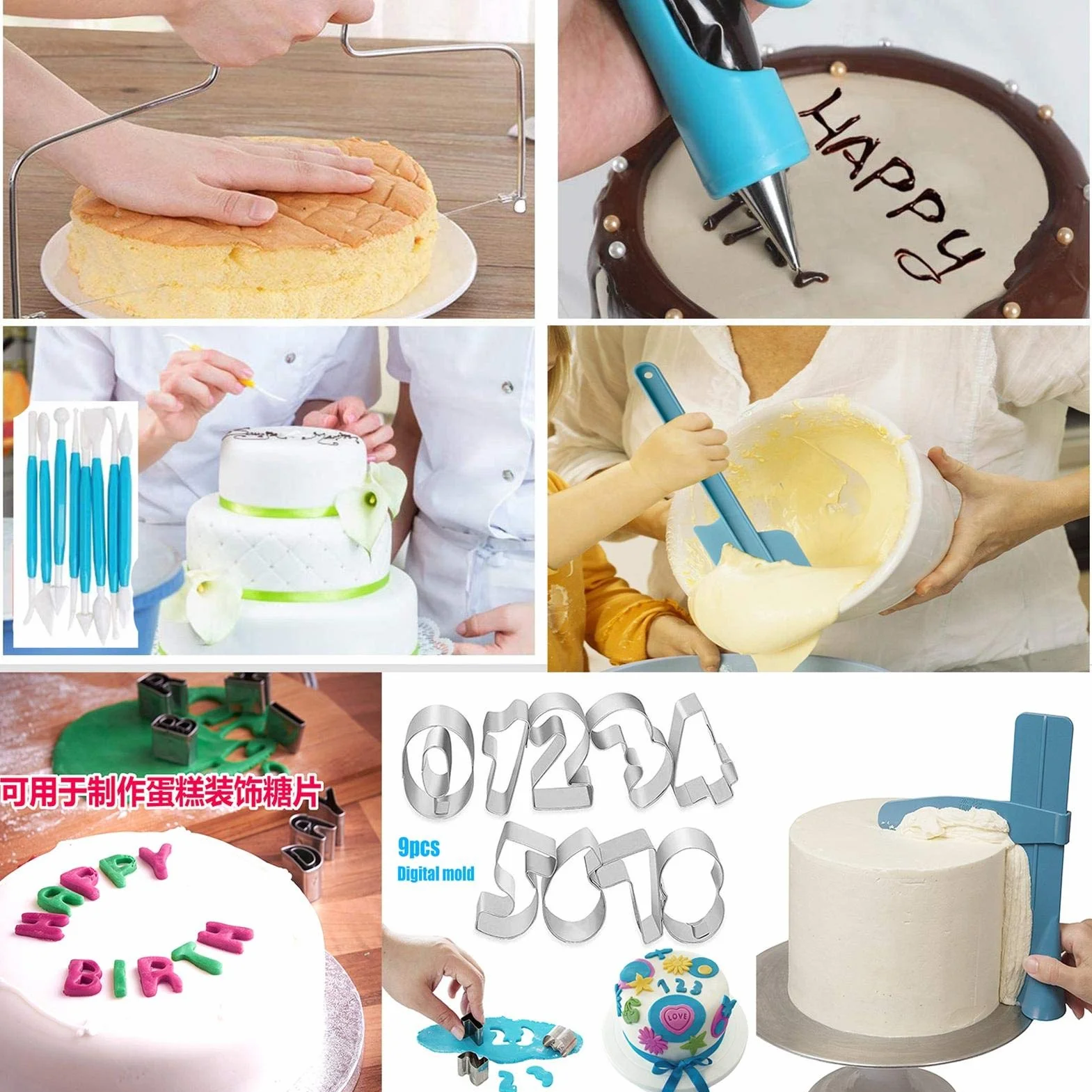 Juego de 458 piezas para decoración de tartas, puntas de acero inoxidable, reutilizables, anillo de fijación azul, tijeras de transferencia de flores, juego de decoración completa