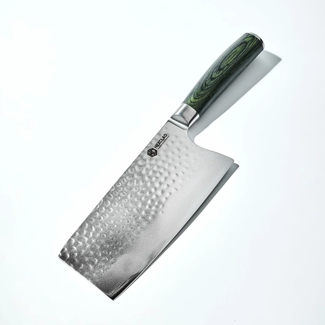 HexClad Cuchillo carnicero de 18 cm, hoja de acero inoxidable japonés de Damasco, construcción Full Tang, mango de madera de Pakka
