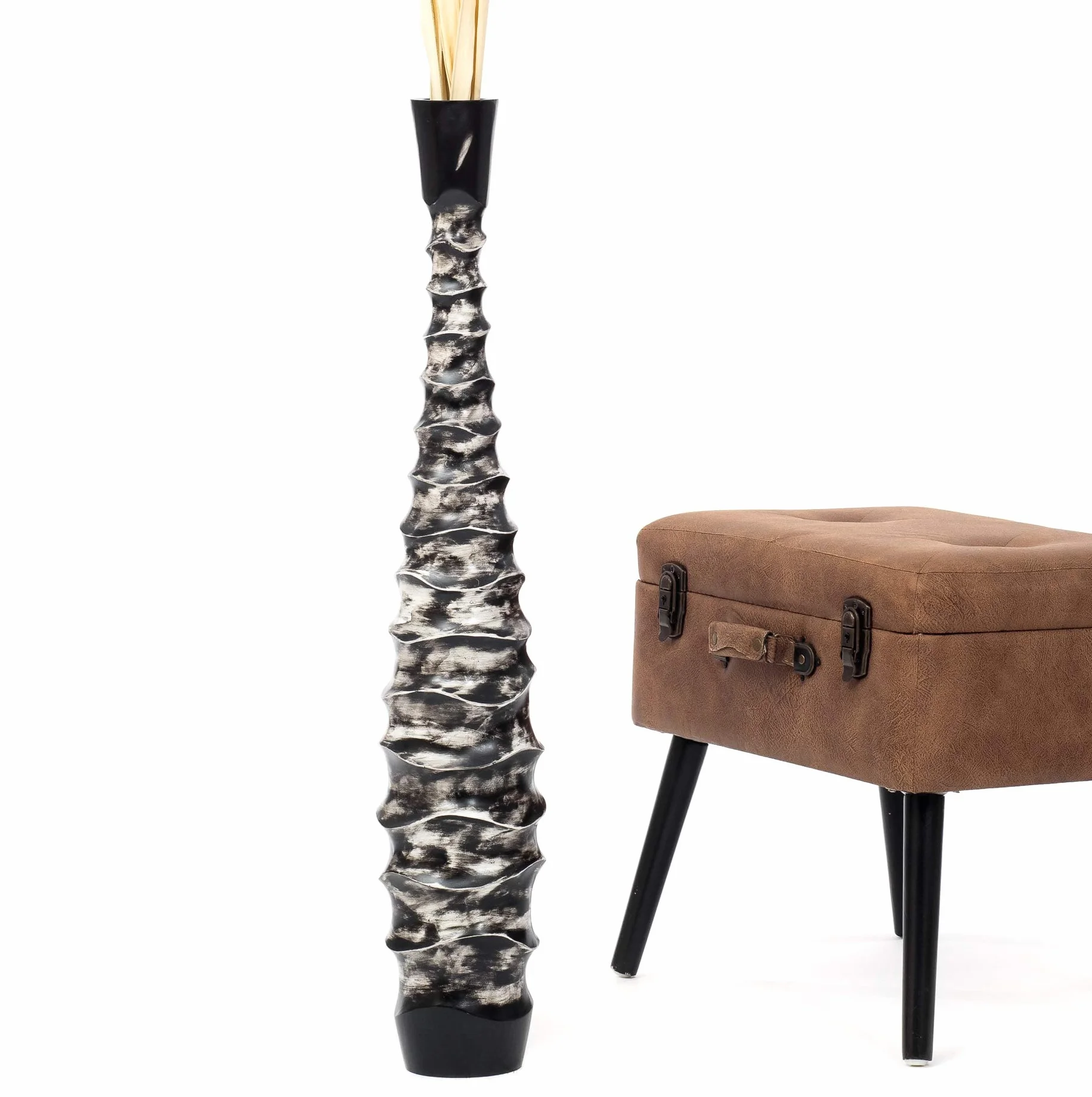 Leewadee Jarrón de Suelo Grande 85 cm Madera de Mango Pampa & Flores Secas | Jarrón Deco para Salón, para Ramas & Hierbas Secas. Más resistente que la Cerámica, sin Agua. Boho