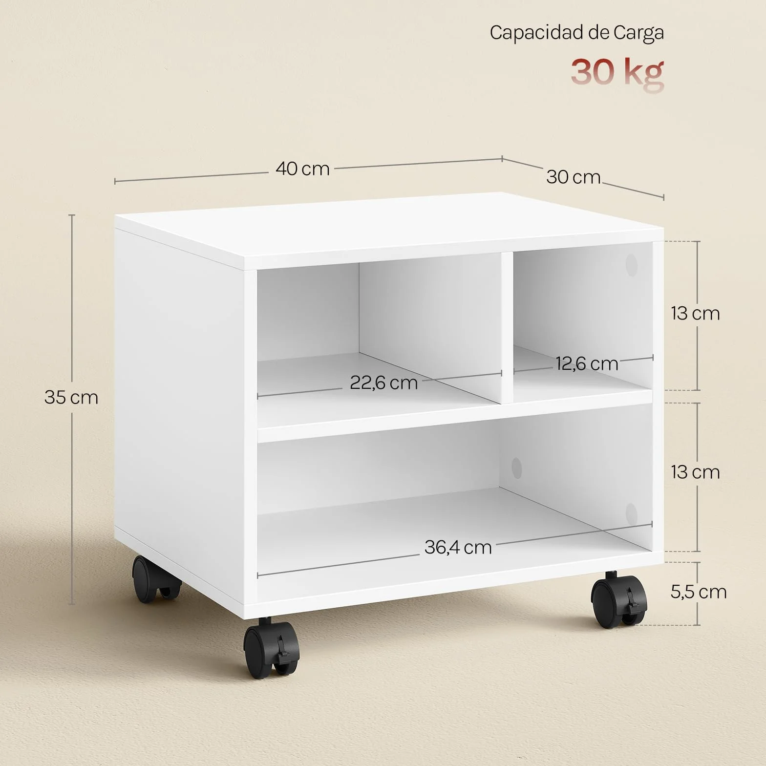 WOLTU Mesa para Impresora con Ruedas, Soporte de Impresora, Estantería Móvil, 3 Compartimentos, 40x30x35 cm, Blanco