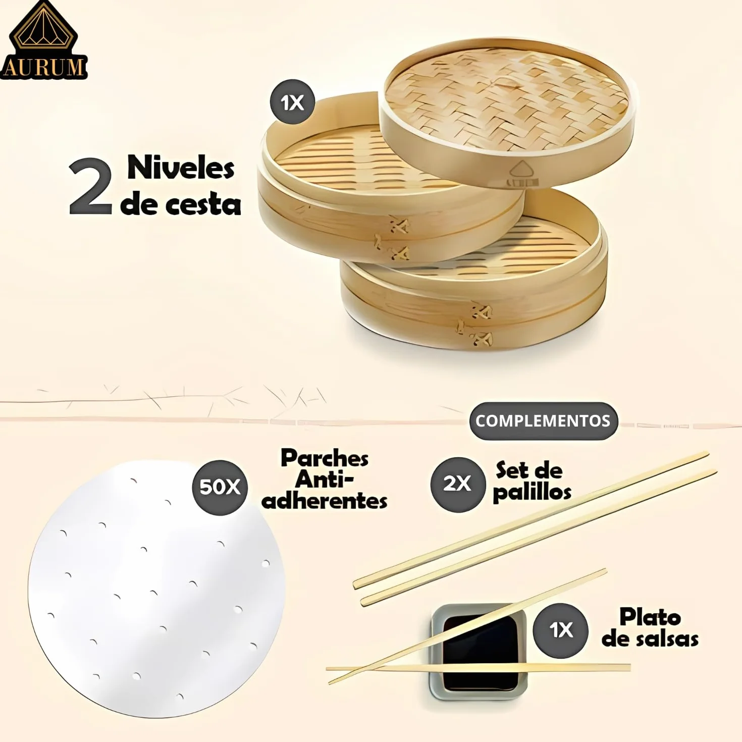 Aurum Vaporera de Bambú 2 Niveles 20 cm 25 cm Incluye Accesorios Cocinar Vapor