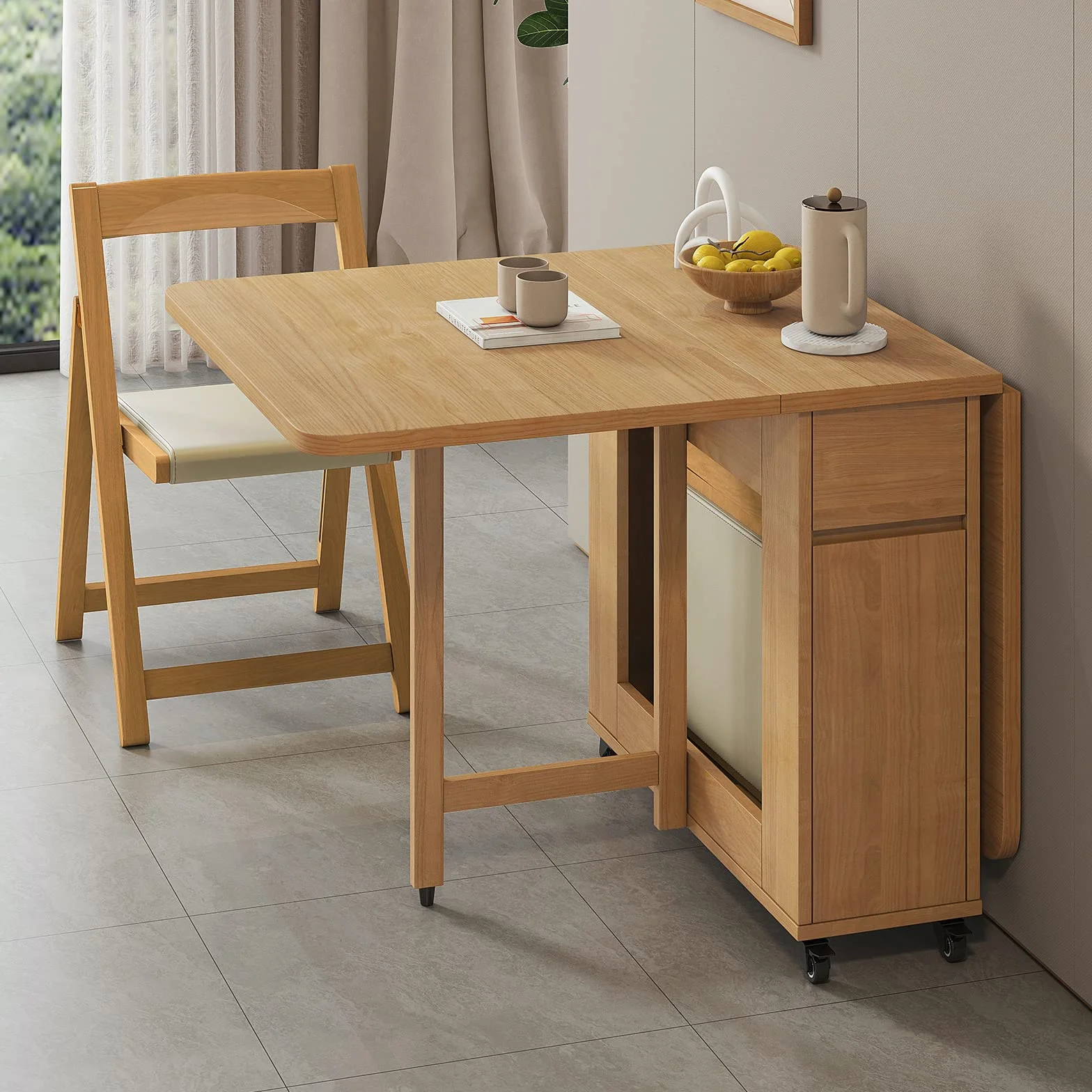 Juego De Mesa De Comedor Plegable, Mesa De Comedor Extensible De Madera con 4 Sillas, Mesa De Hoja Abatible para Cocina Comedor Sala De Estar Restaurante-1.4m