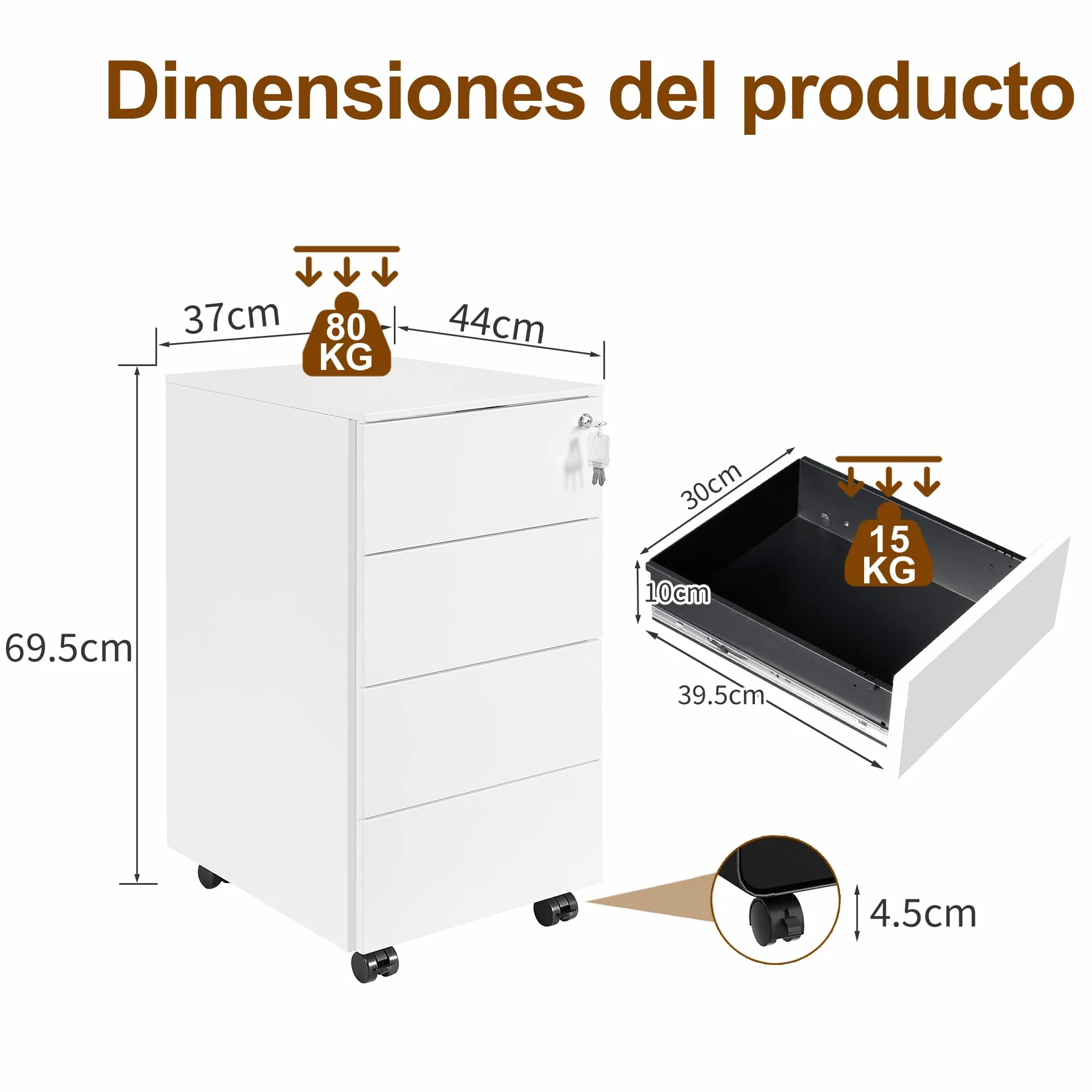 Cajonera móvil, Archivador Metálico con Cerradura, 4 Llaves, 4 Cajones, Premontado, para Oficina, Oficina en Casa, Blanco