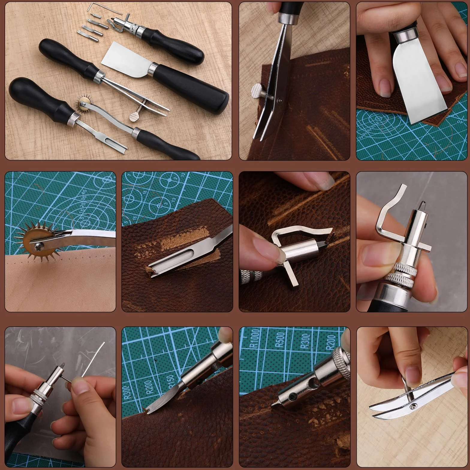 Benlay Herramientas de trabajo de cuero, herramientas de artesanía y accesorios, kit de herramientas de trabajo de cuero con bolsa enrollable y manual